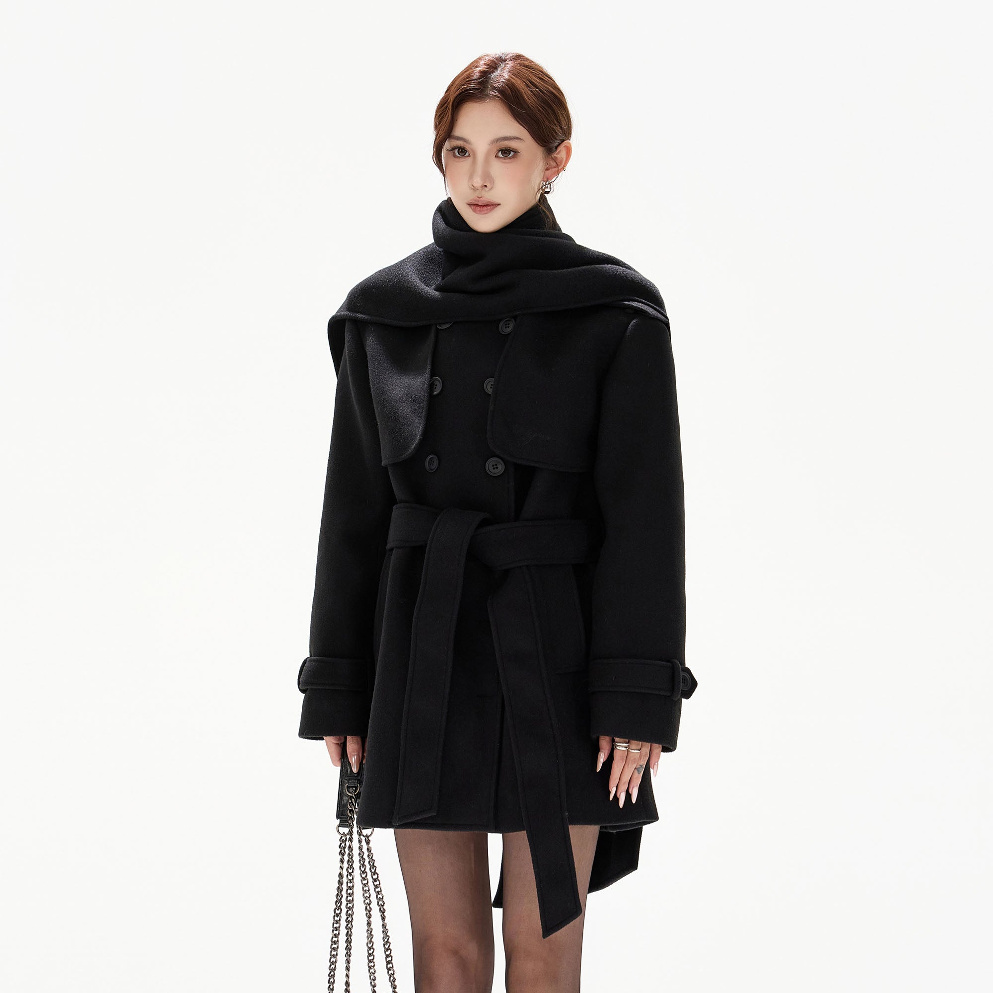 CYGNENOYR Military Belted High-Neck Mini Trench Coat