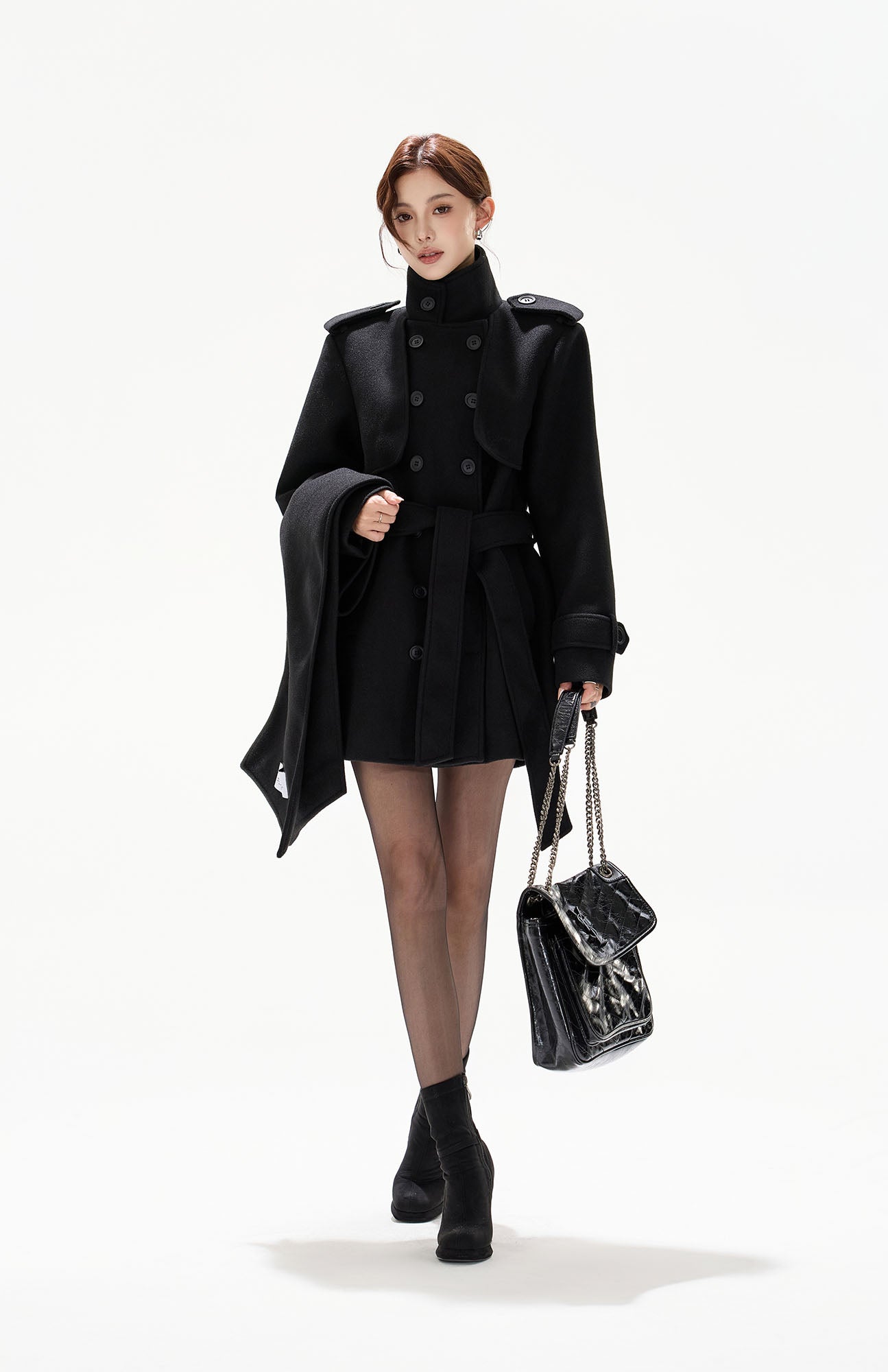 CYGNENOYR Military Belted High-Neck Mini Trench Coat