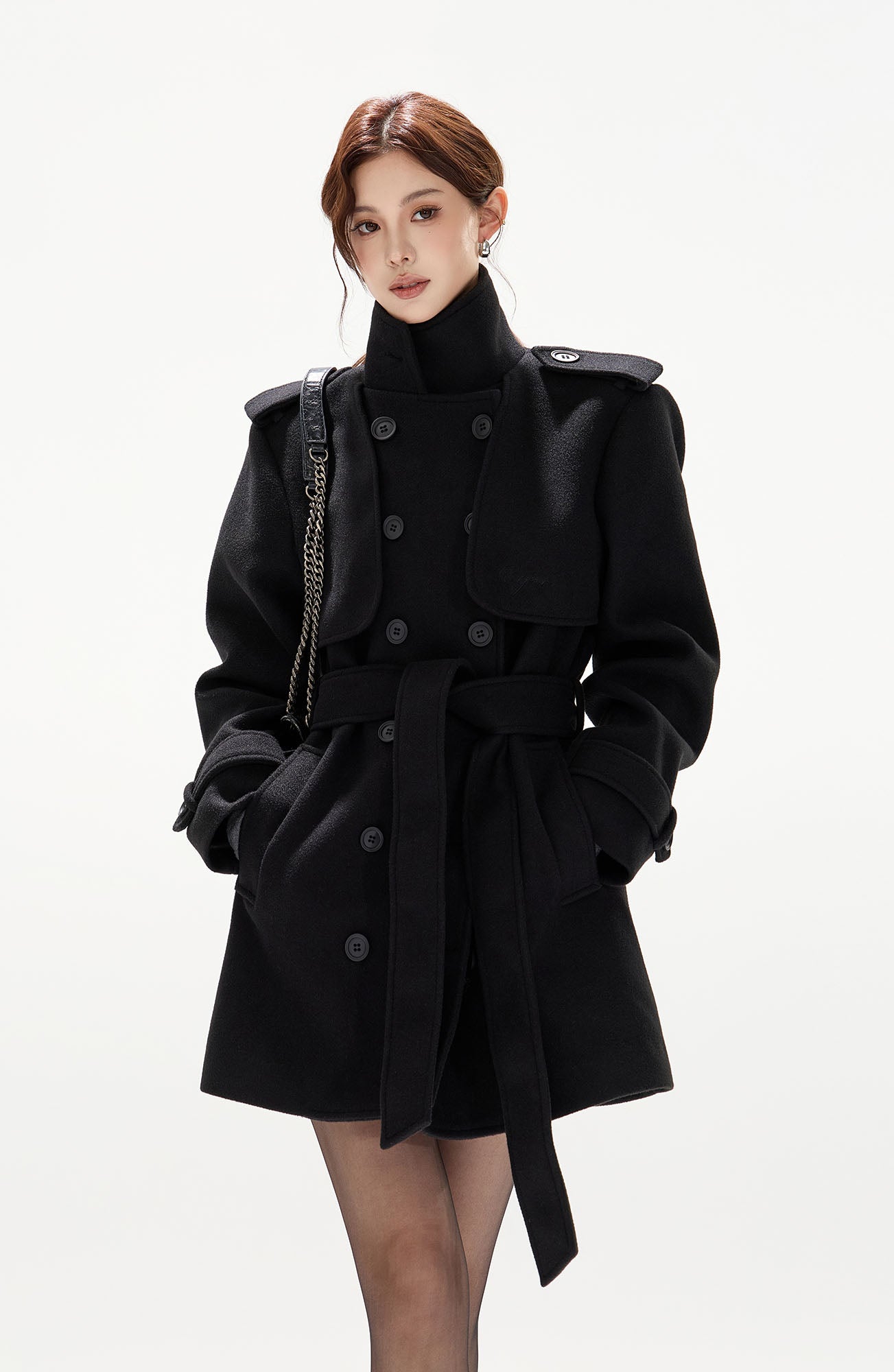 CYGNENOYR Military Belted High-Neck Mini Trench Coat