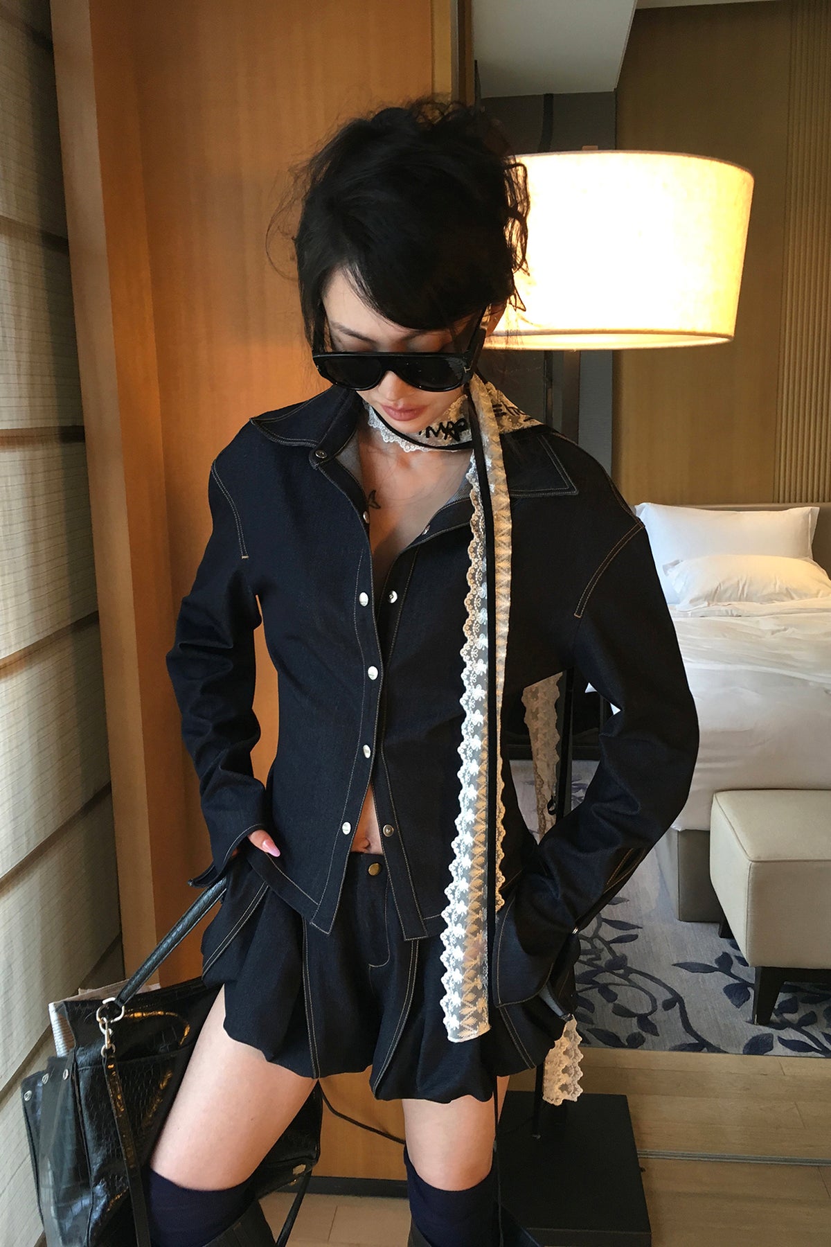 MXU Retro Contrast Detachable-Collar Denim Shirt & Puff Skort Set