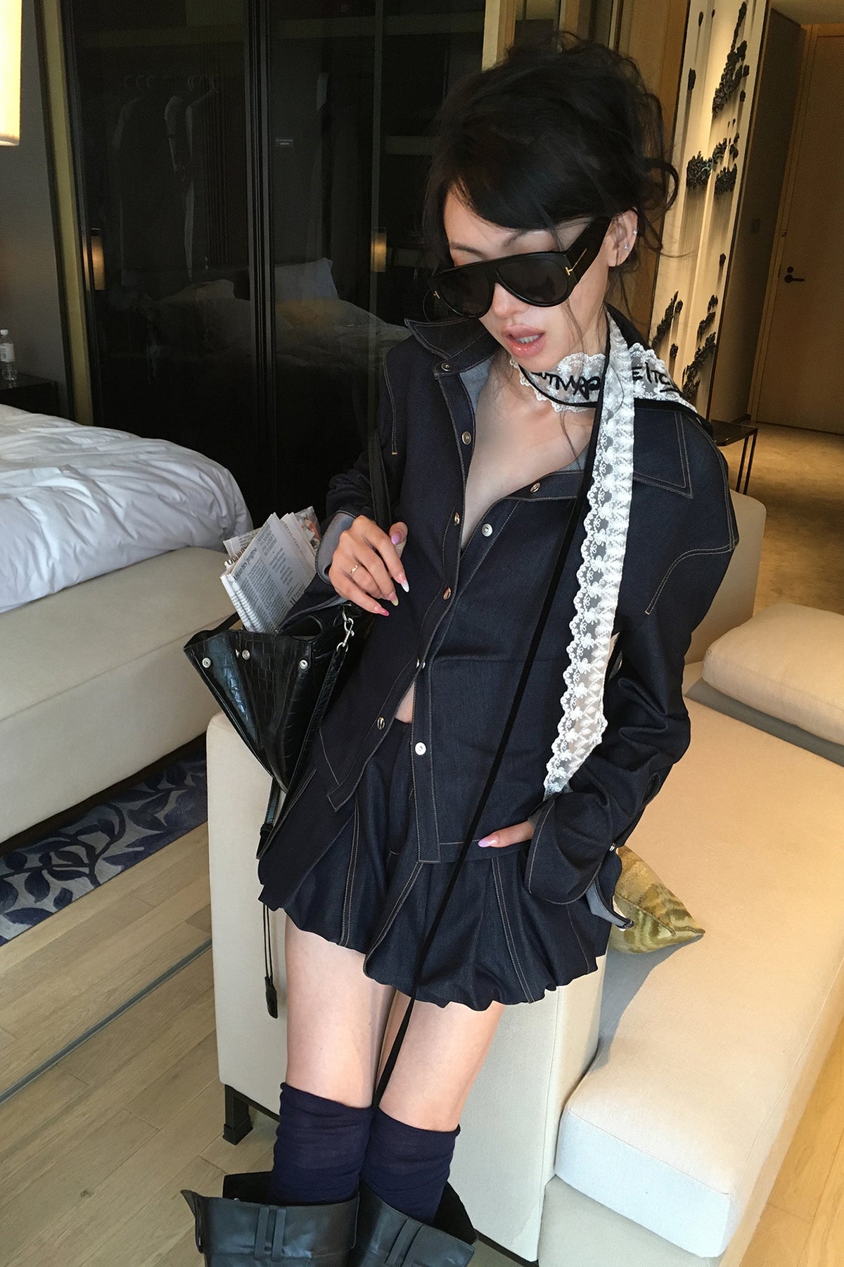 MXU Retro Contrast Detachable-Collar Denim Shirt & Puff Skort Set