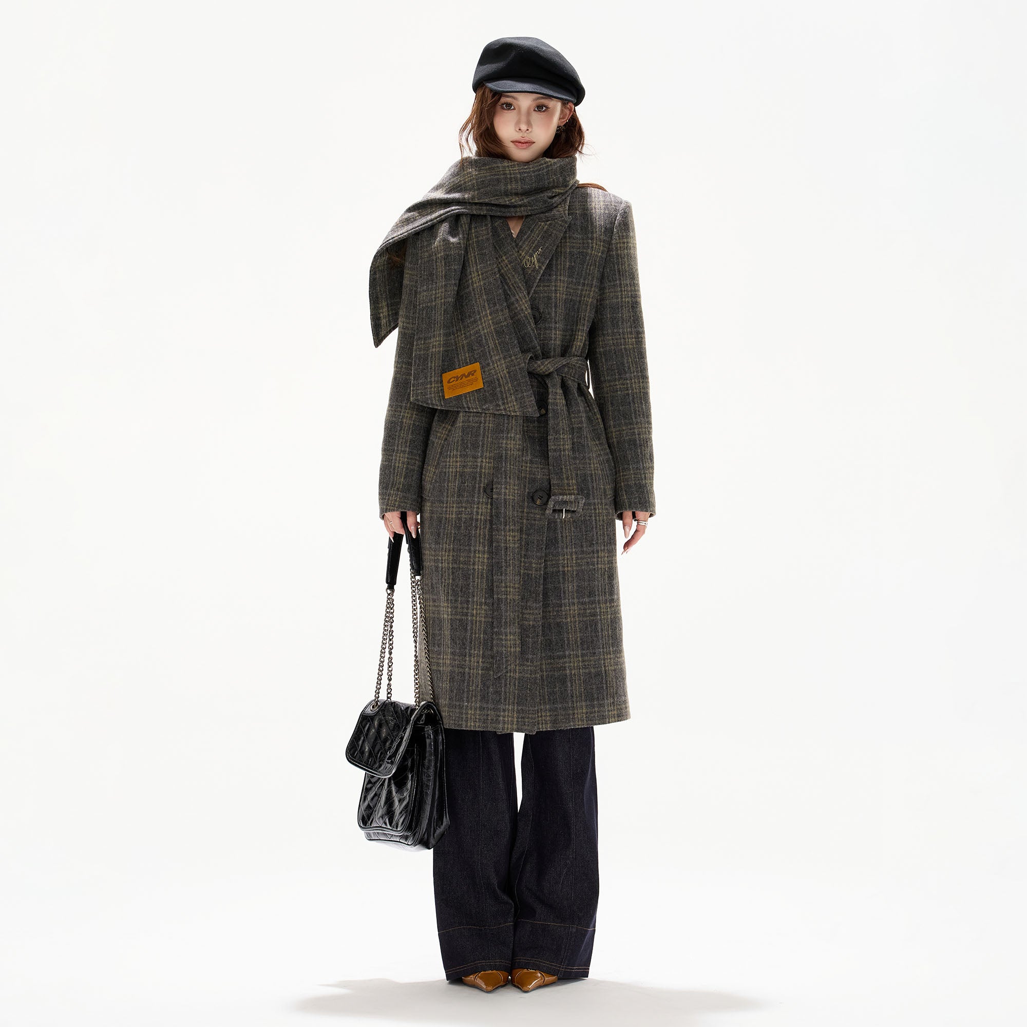 CYGNENOYR Detachable Scarf Plaid Wool-Blend Coat