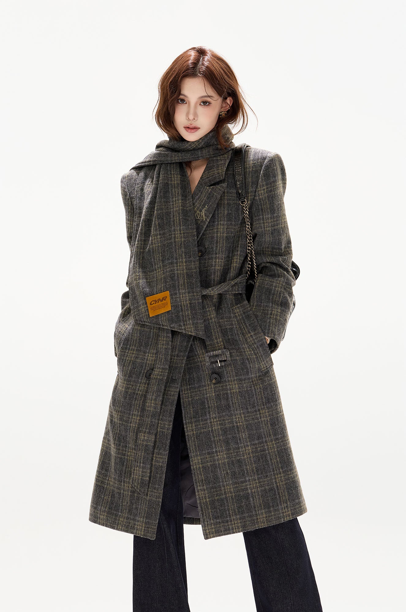 CYGNENOYR Detachable Scarf Plaid Wool-Blend Coat