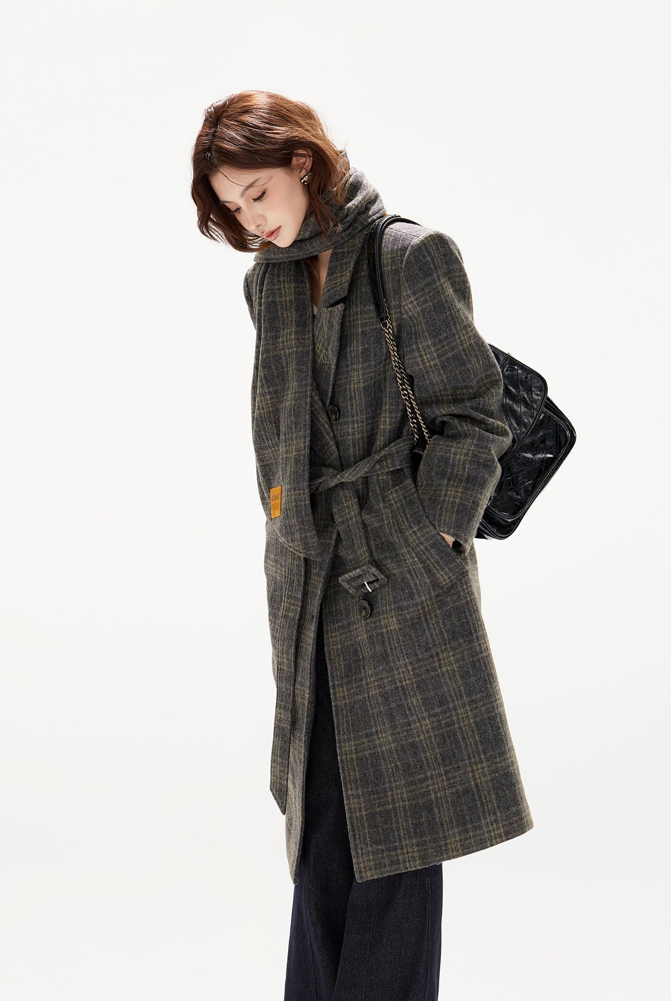 CYGNENOYR Detachable Scarf Plaid Wool-Blend Coat