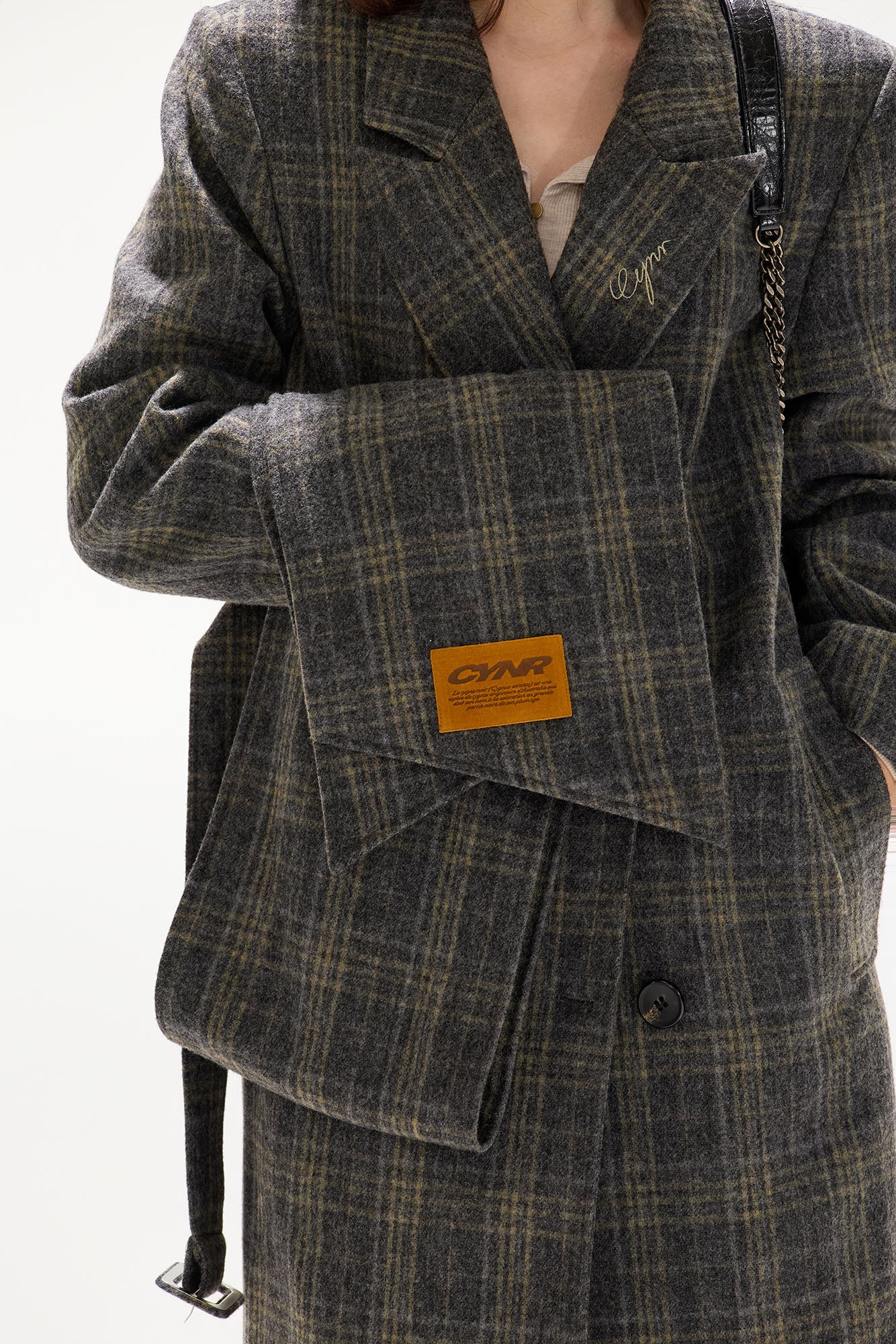 CYGNENOYR Detachable Scarf Plaid Wool-Blend Coat