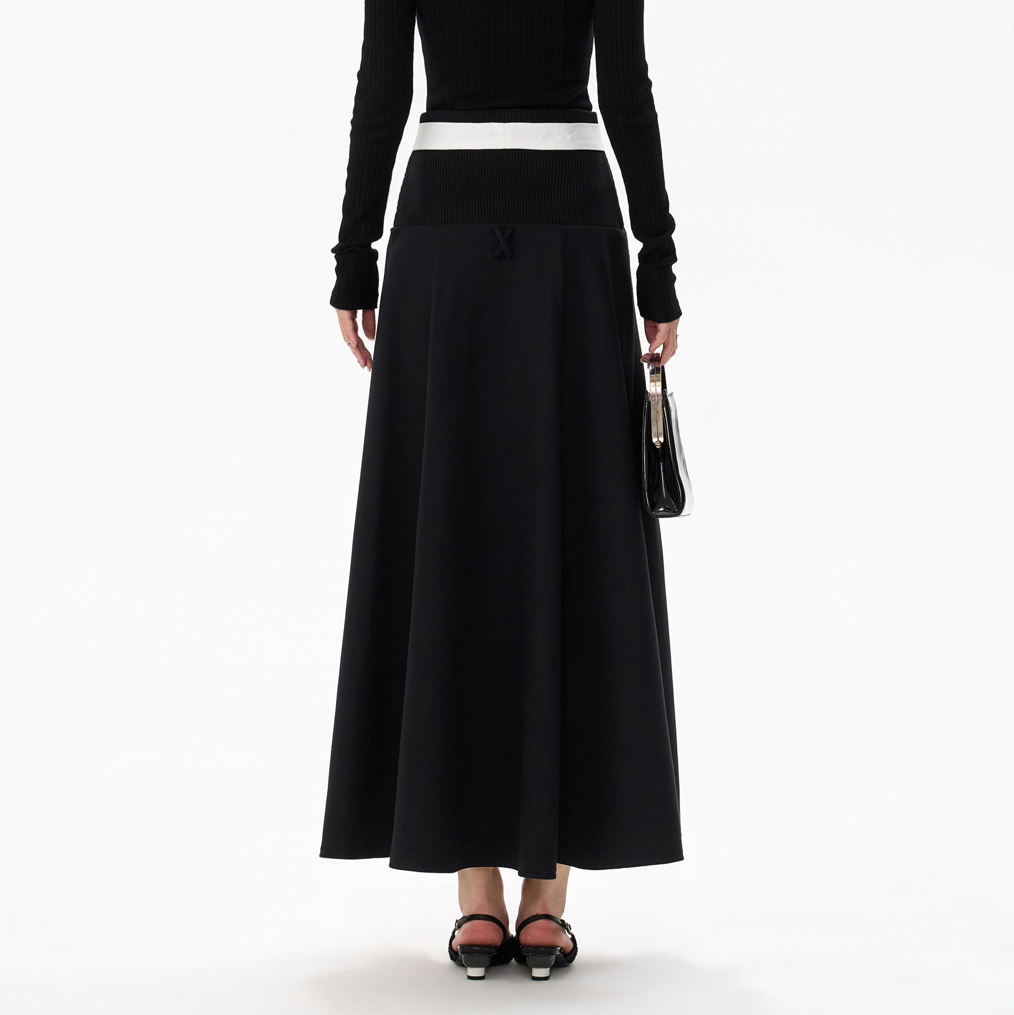 CYGNENOYR Ribbed-Waist Maxi Skirt with Contrast Ribbon