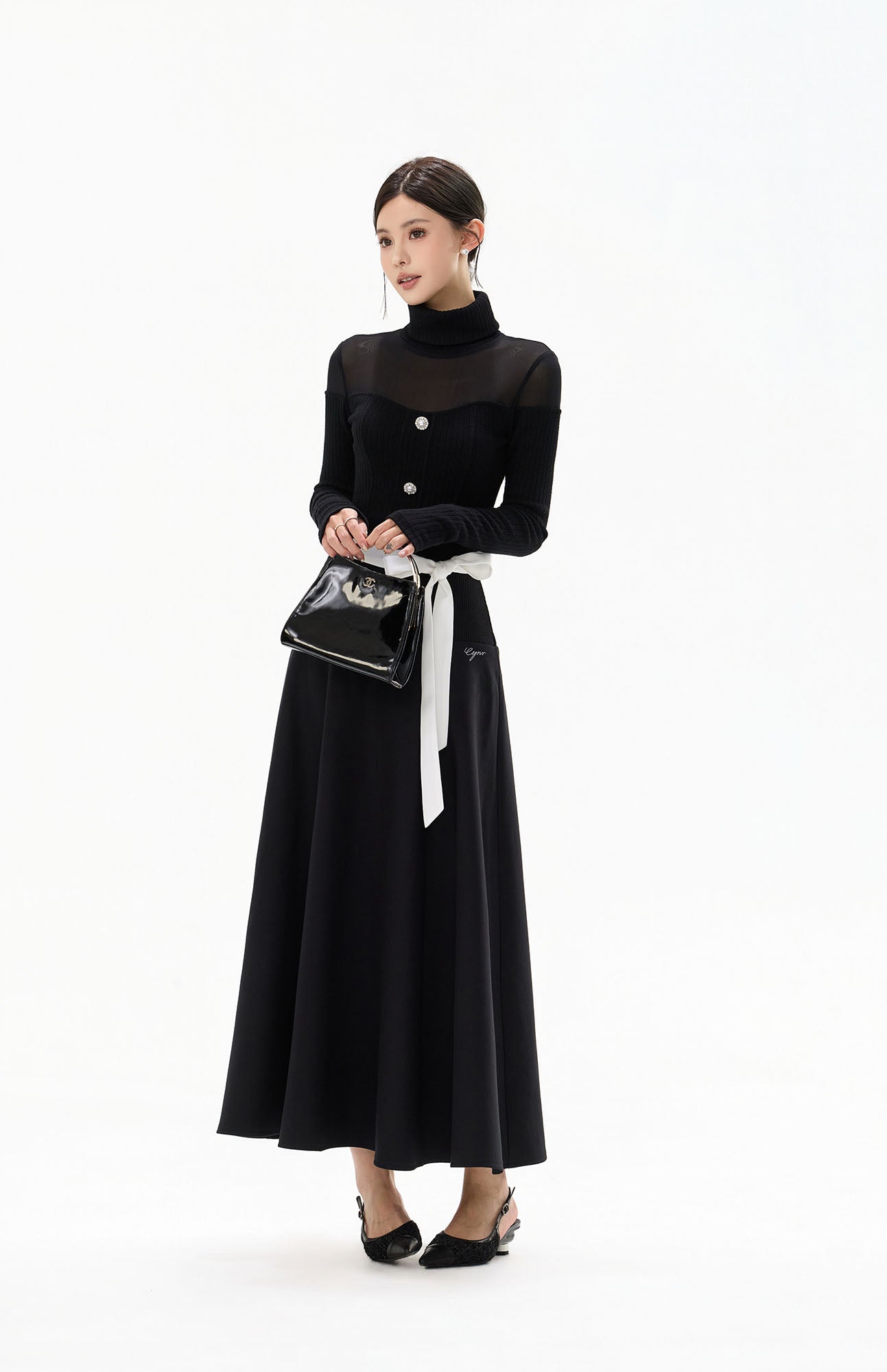 CYGNENOYR Sheer Yoke Ribbed Turtleneck Button Top