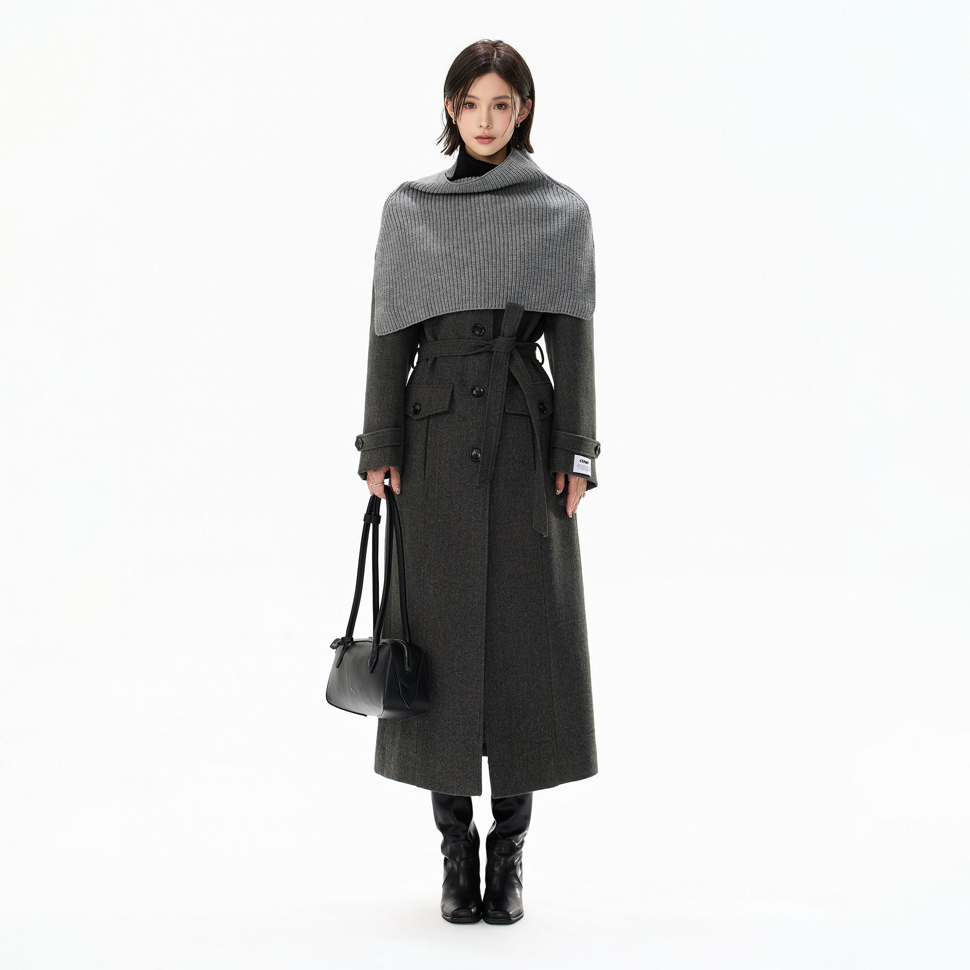CYGNENOYR Classic Belted Longline Coat with Knit Cape