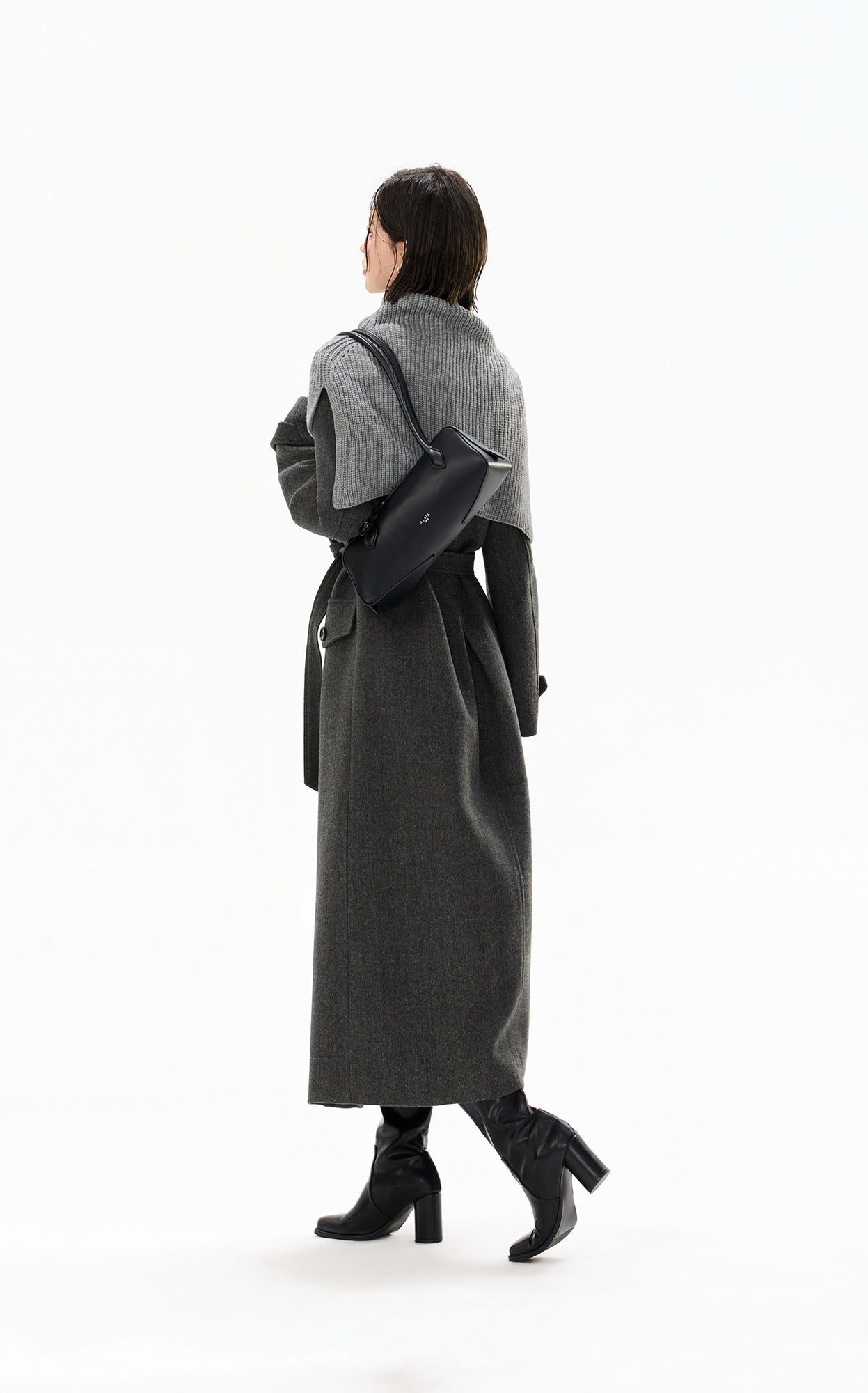 CYGNENOYR Classic Belted Longline Coat with Knit Cape