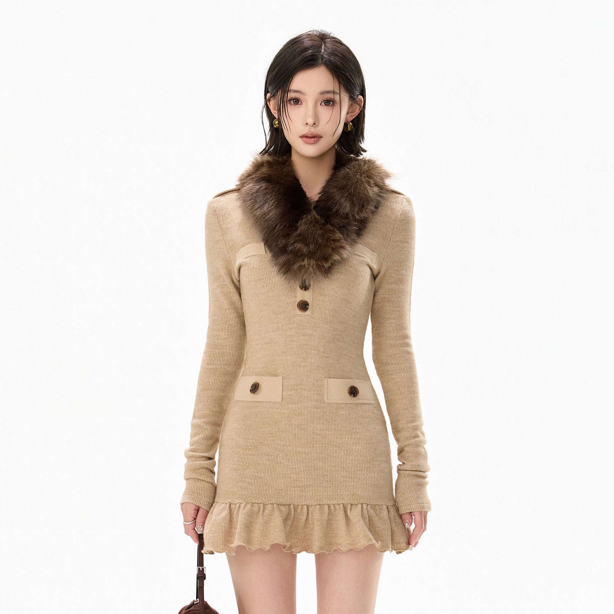 CYGNENOYR Detachable Faux-Fur Collar Ribbed Mini Dress Khaki
