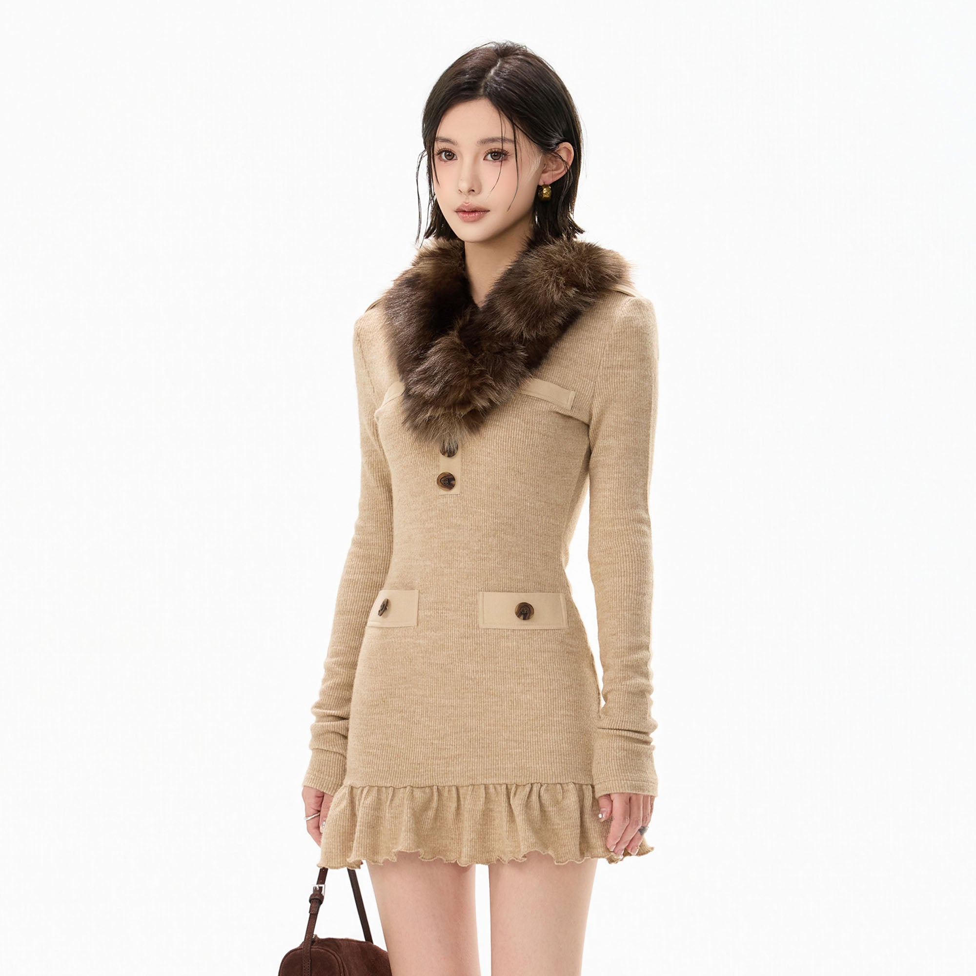 CYGNENOYR Detachable Faux-Fur Collar Ribbed Mini Dress Khaki