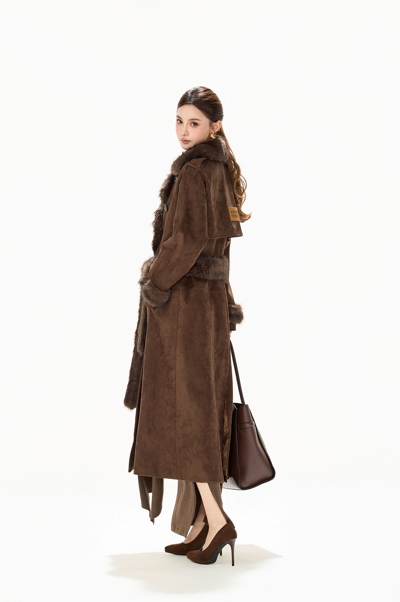 CYNR Faux-Fur Trim Faux Suede Belted Long Coat