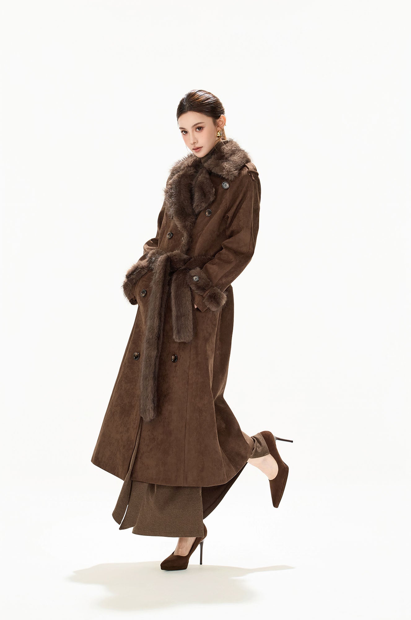 CYNR Faux-Fur Trim Faux Suede Belted Long Coat