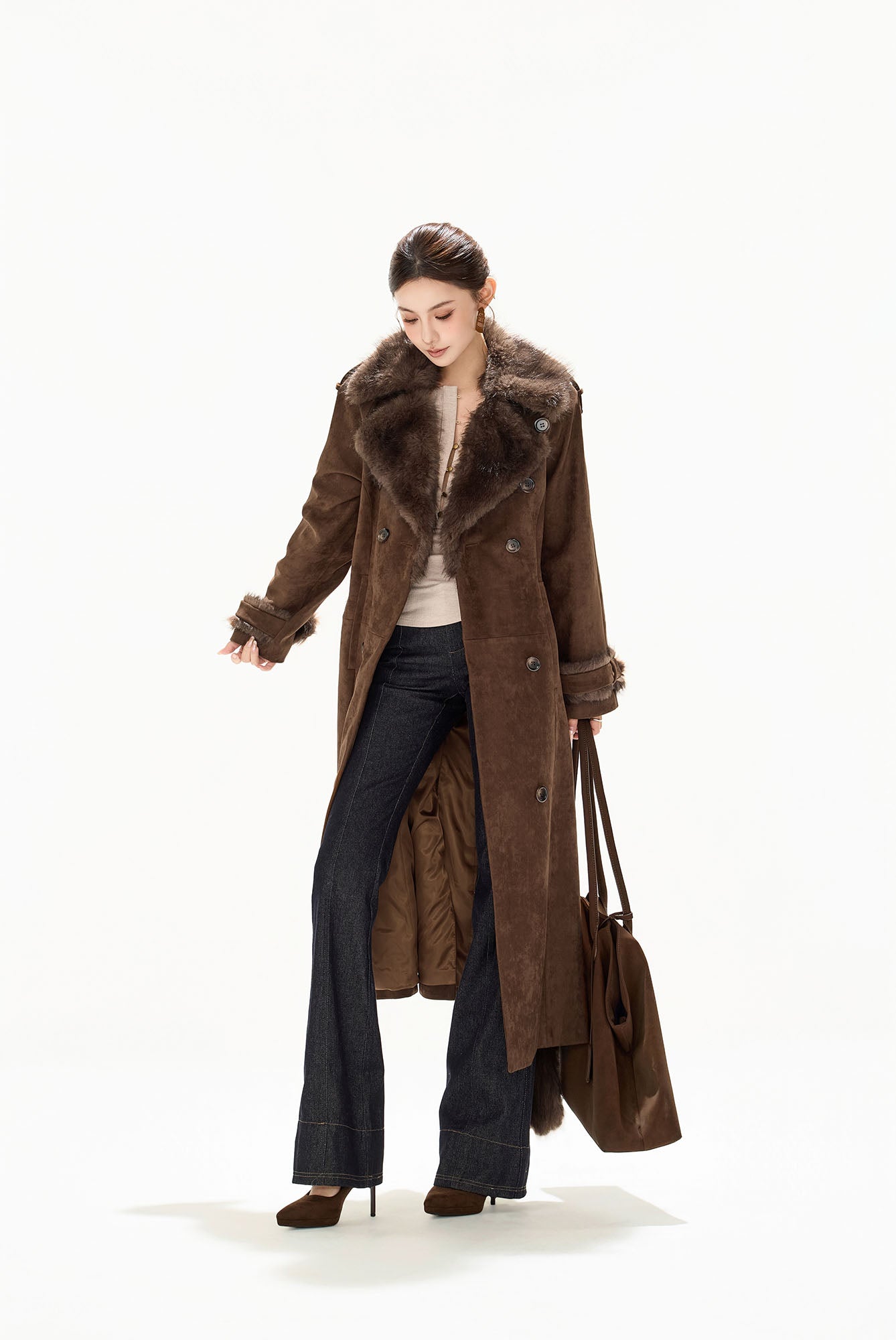 CYNR Faux-Fur Trim Faux Suede Belted Long Coat