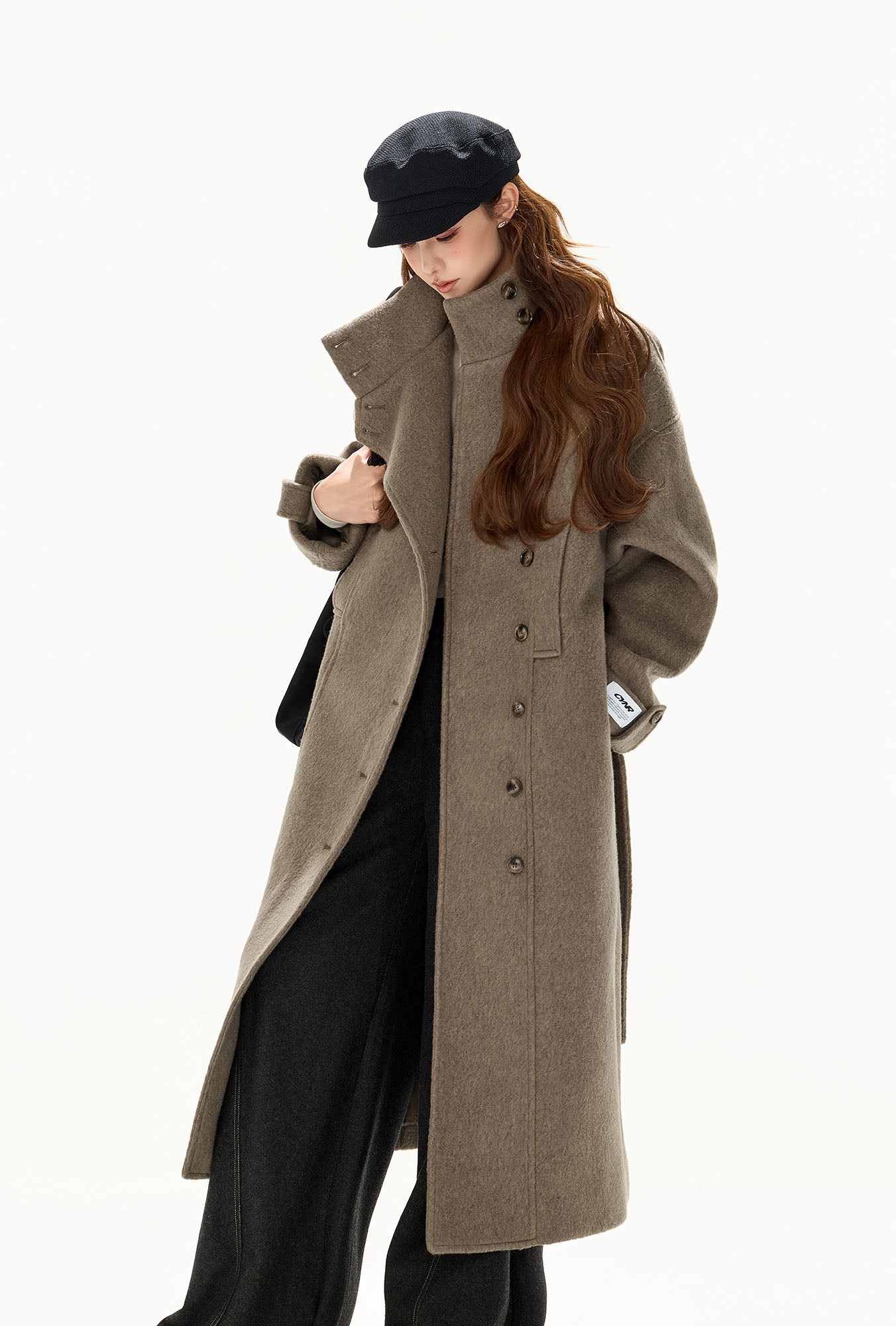 CYGNENOYR Modern Asymmetric Belted Longline Coat