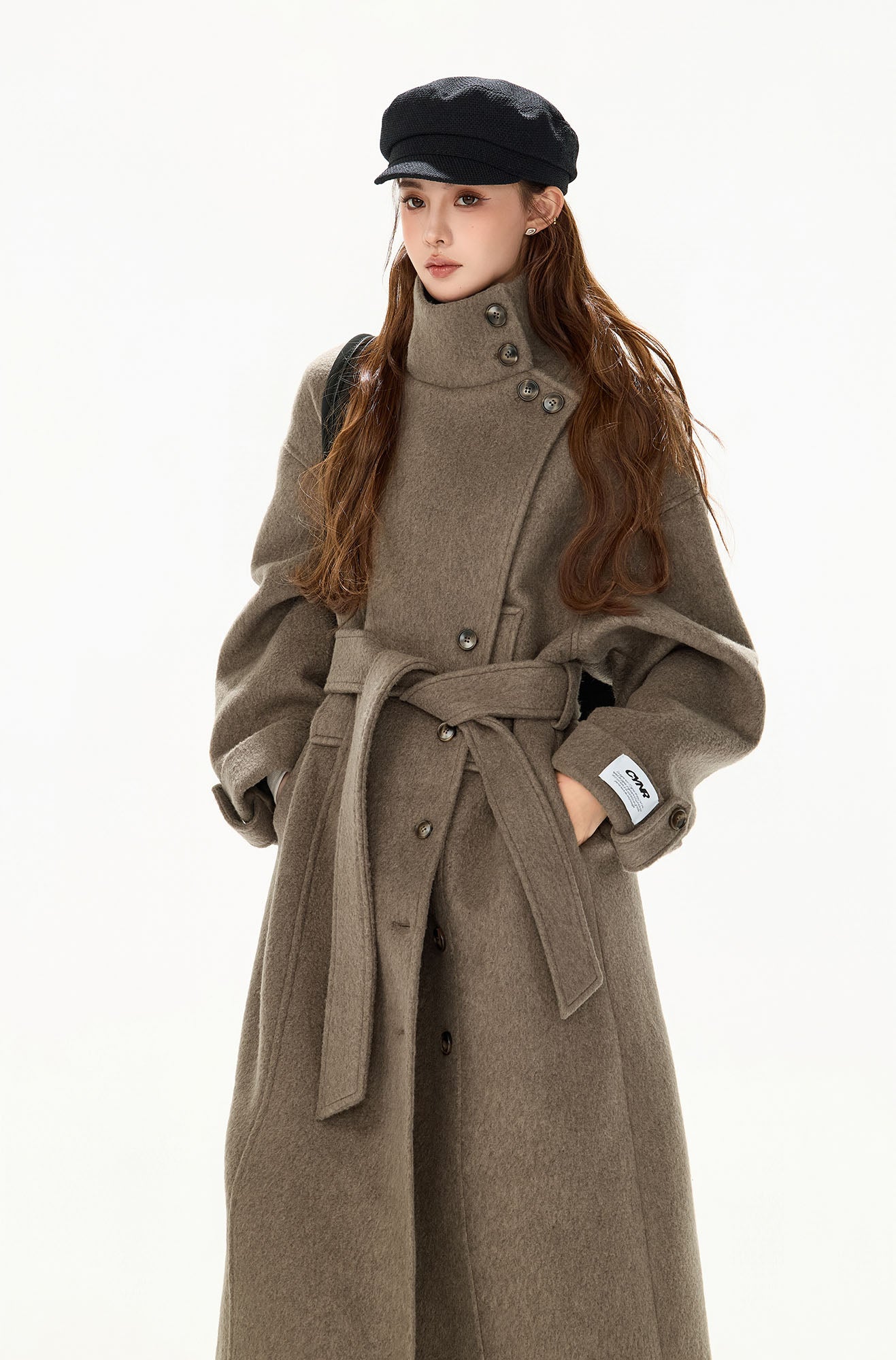 CYGNENOYR Modern Asymmetric Belted Longline Coat