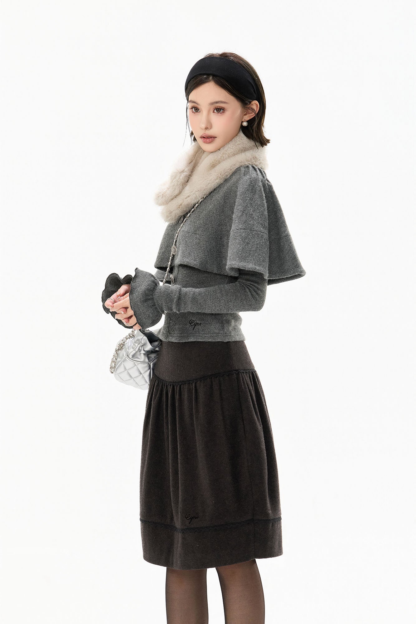 CYGNENOYR Capelet-Overlay Button Knit Top