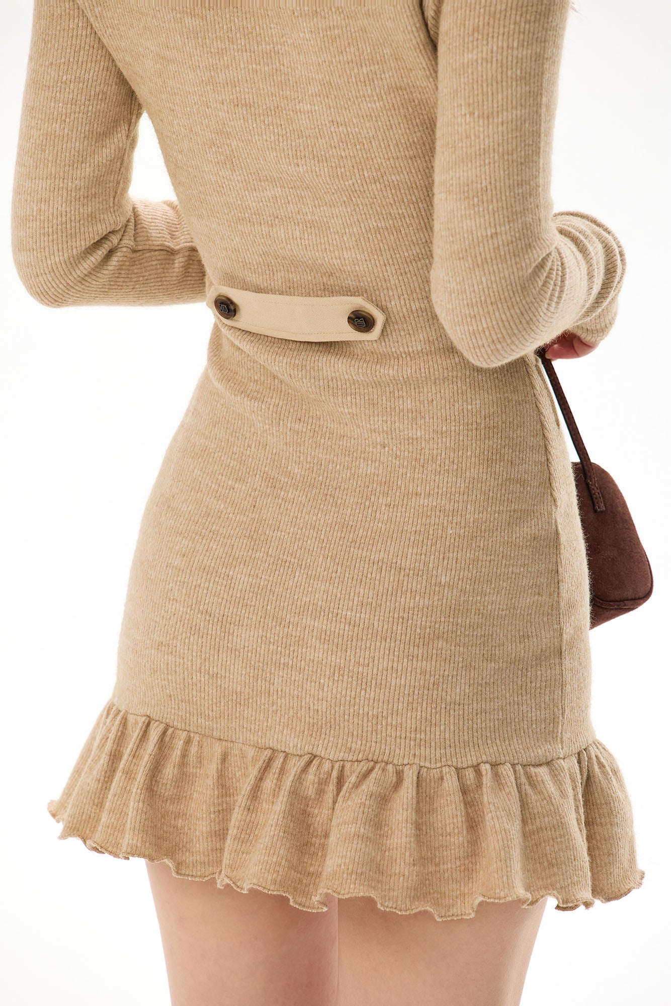 CYGNENOYR Detachable Faux-Fur Collar Ribbed Mini Dress Khaki