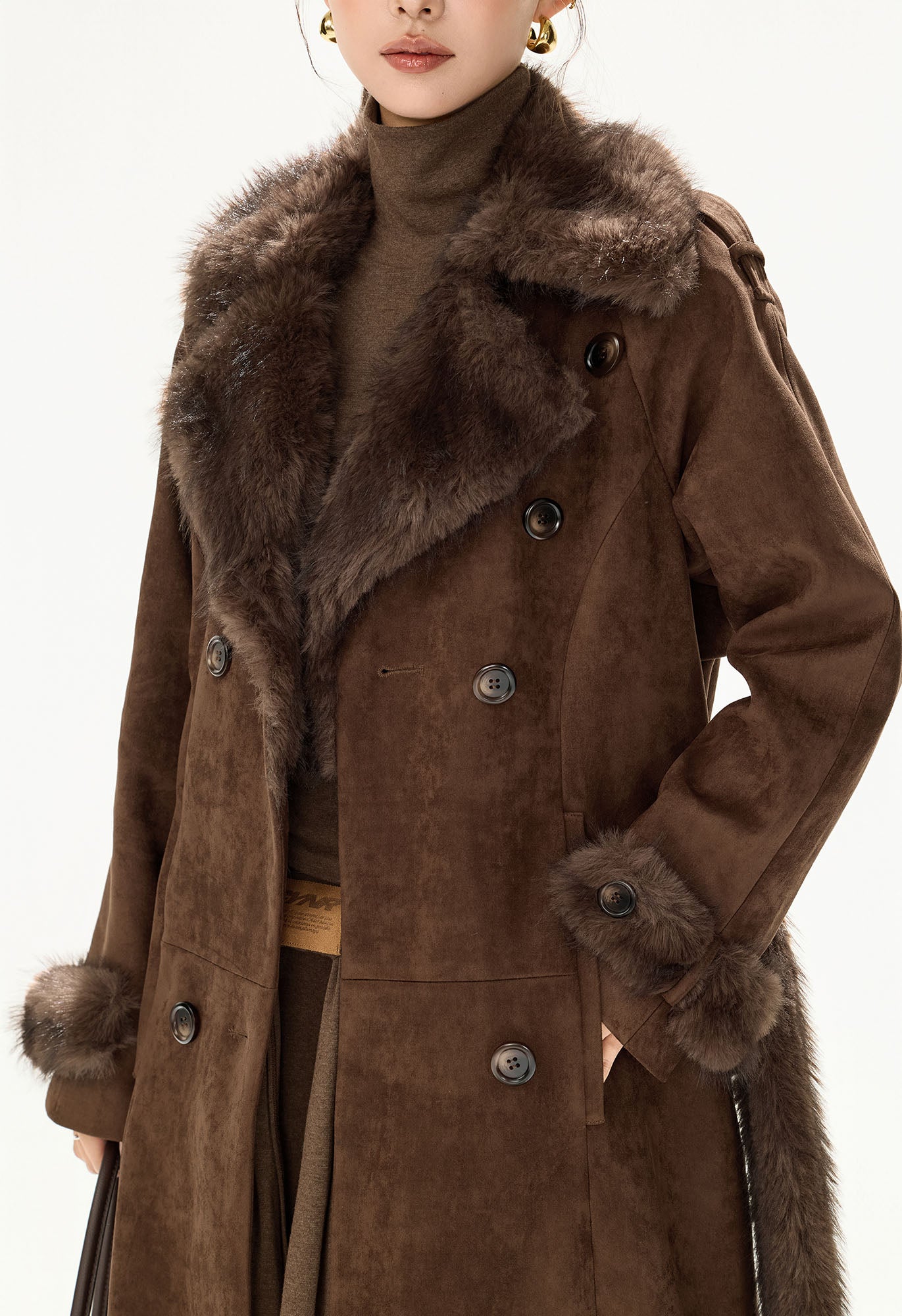 CYNR Faux-Fur Trim Faux Suede Belted Long Coat