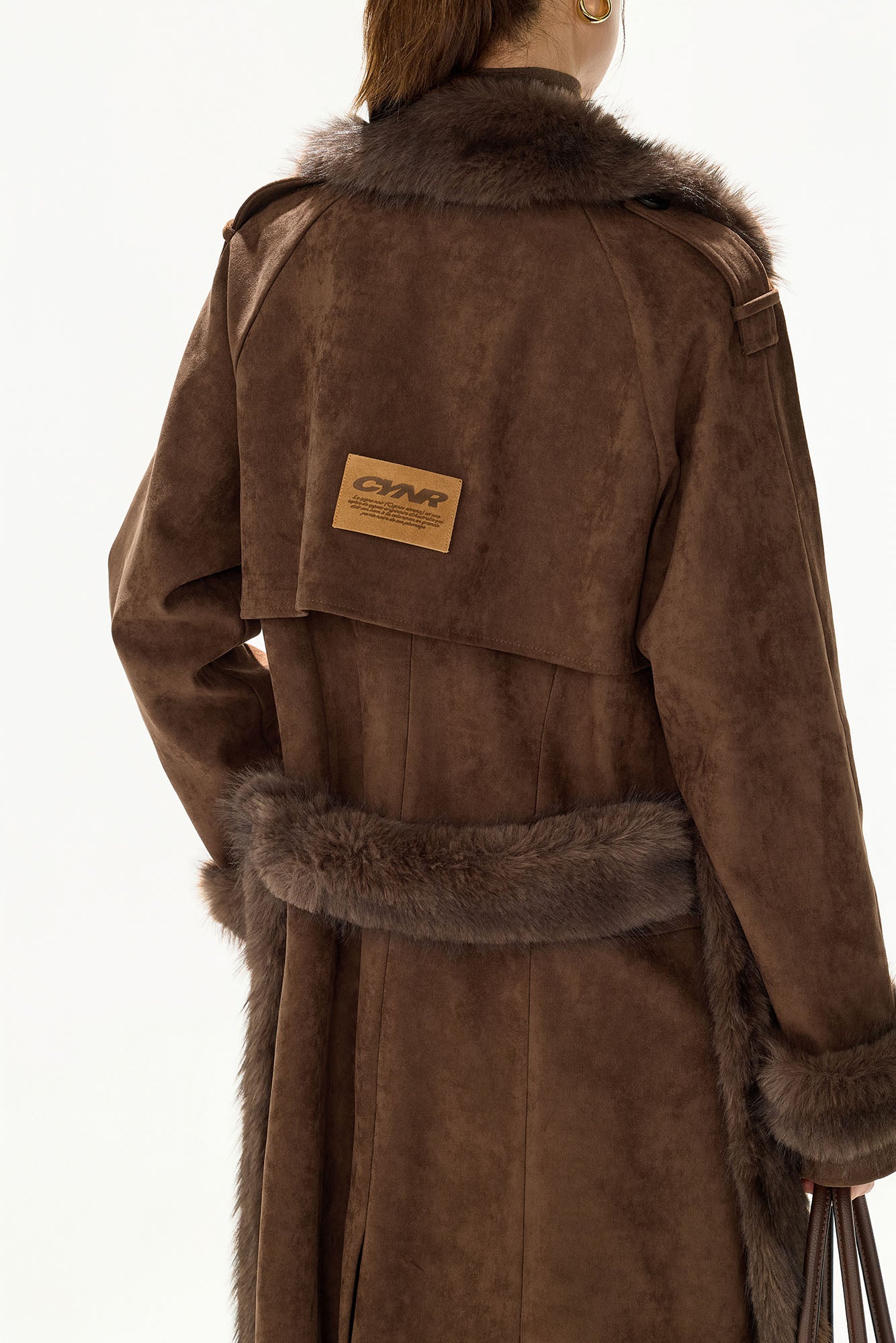 CYNR Faux-Fur Trim Faux Suede Belted Long Coat
