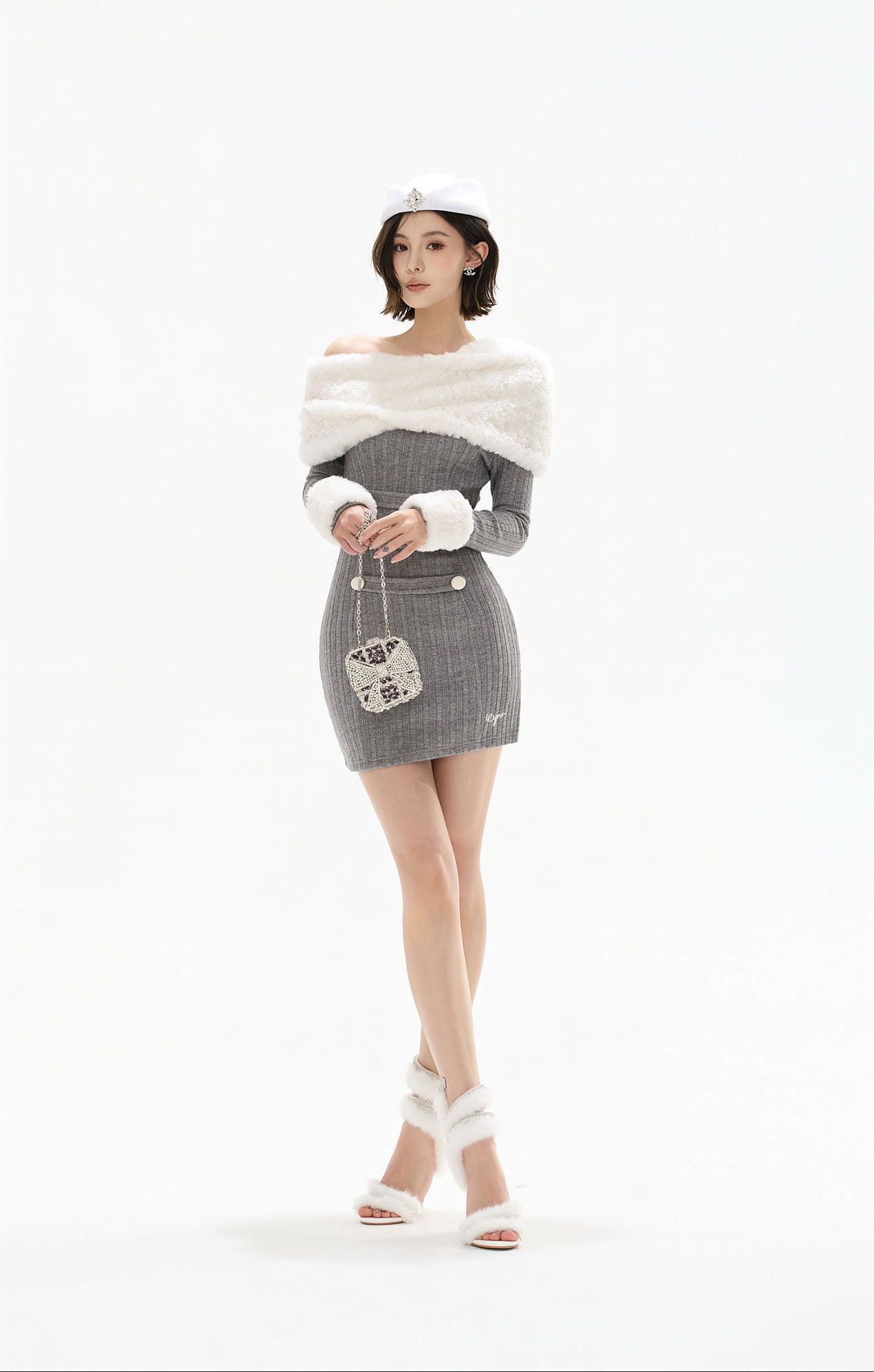 CYGNENOYR Foldover Fleece Collar Ribbed Mini Dress