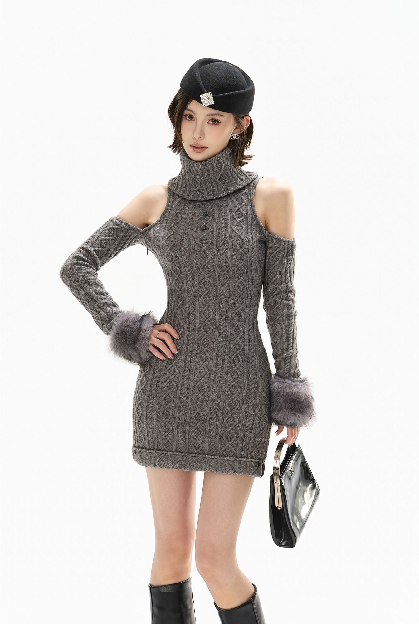 CYGNENOYR Cold-Shoulder Cable Knit Mini Dress
