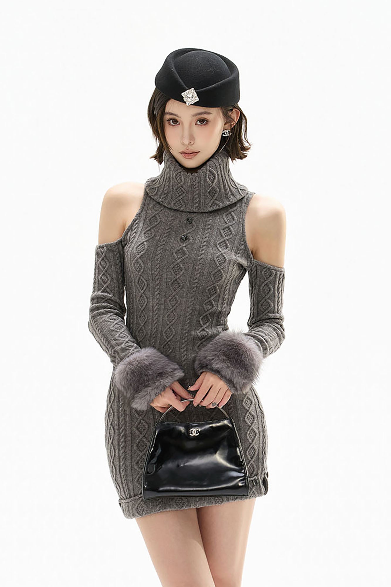 CYGNENOYR Cold-Shoulder Cable Knit Mini Dress