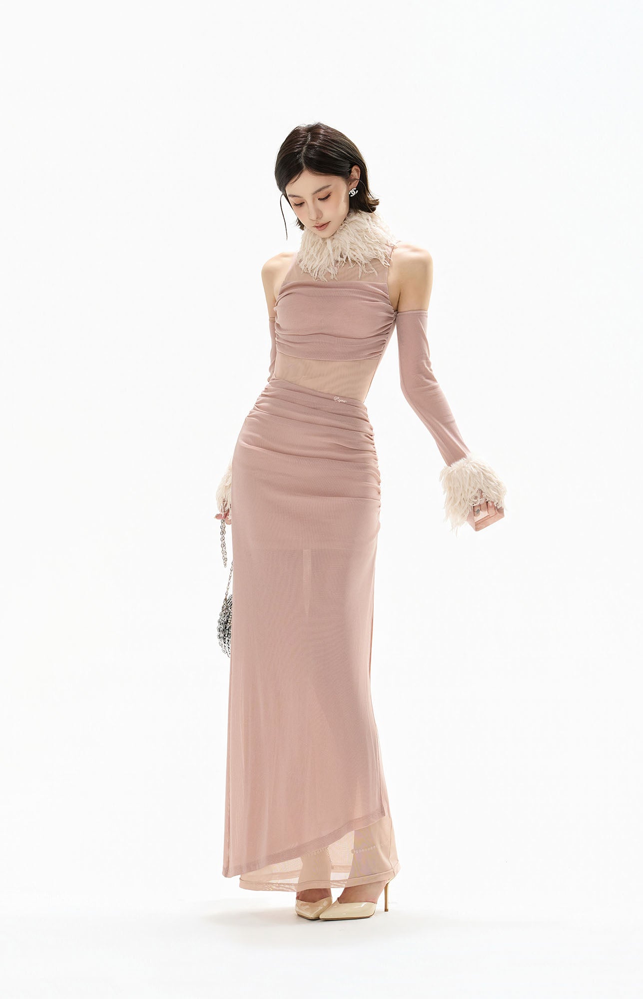 CYGNENOYR Sheer Mesh Ruched Cutout Maxi Dress