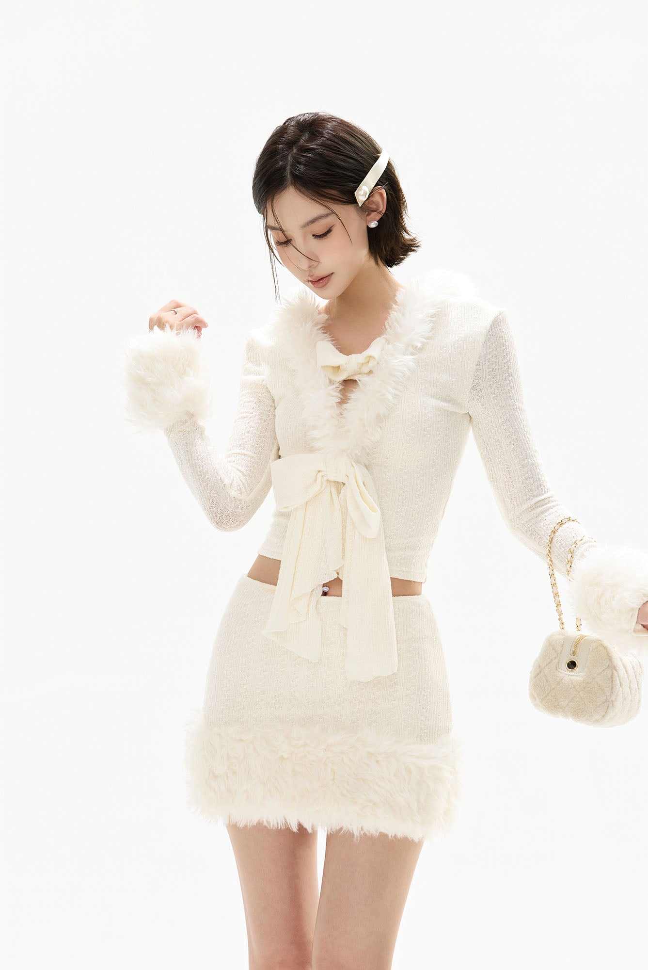 CYGNENOYR Faux Fur Trim Bow-Tie Crop Top