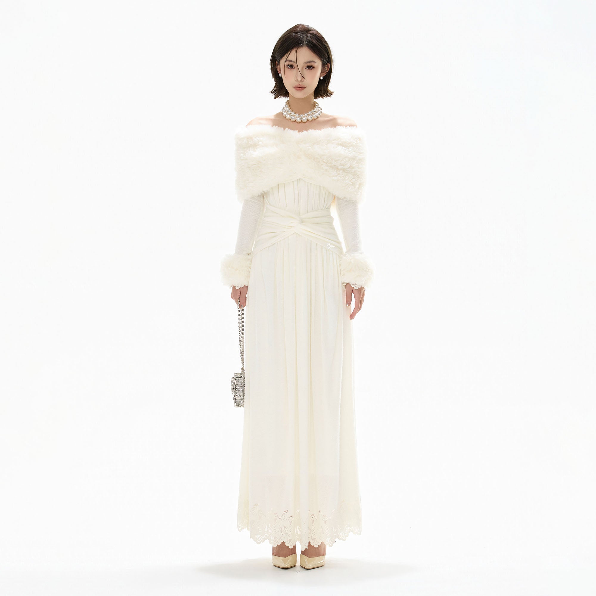 CYGNENOYR Faux Fur Stole Lace Trim Maxi Dress