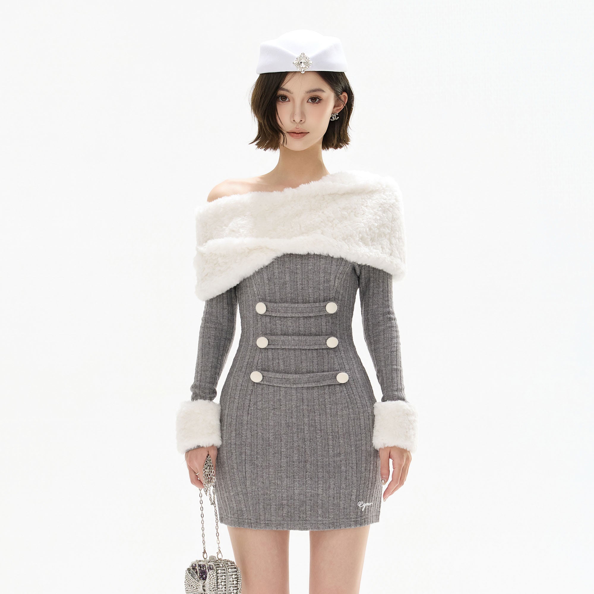 CYGNENOYR Foldover Fleece Collar Ribbed Mini Dress