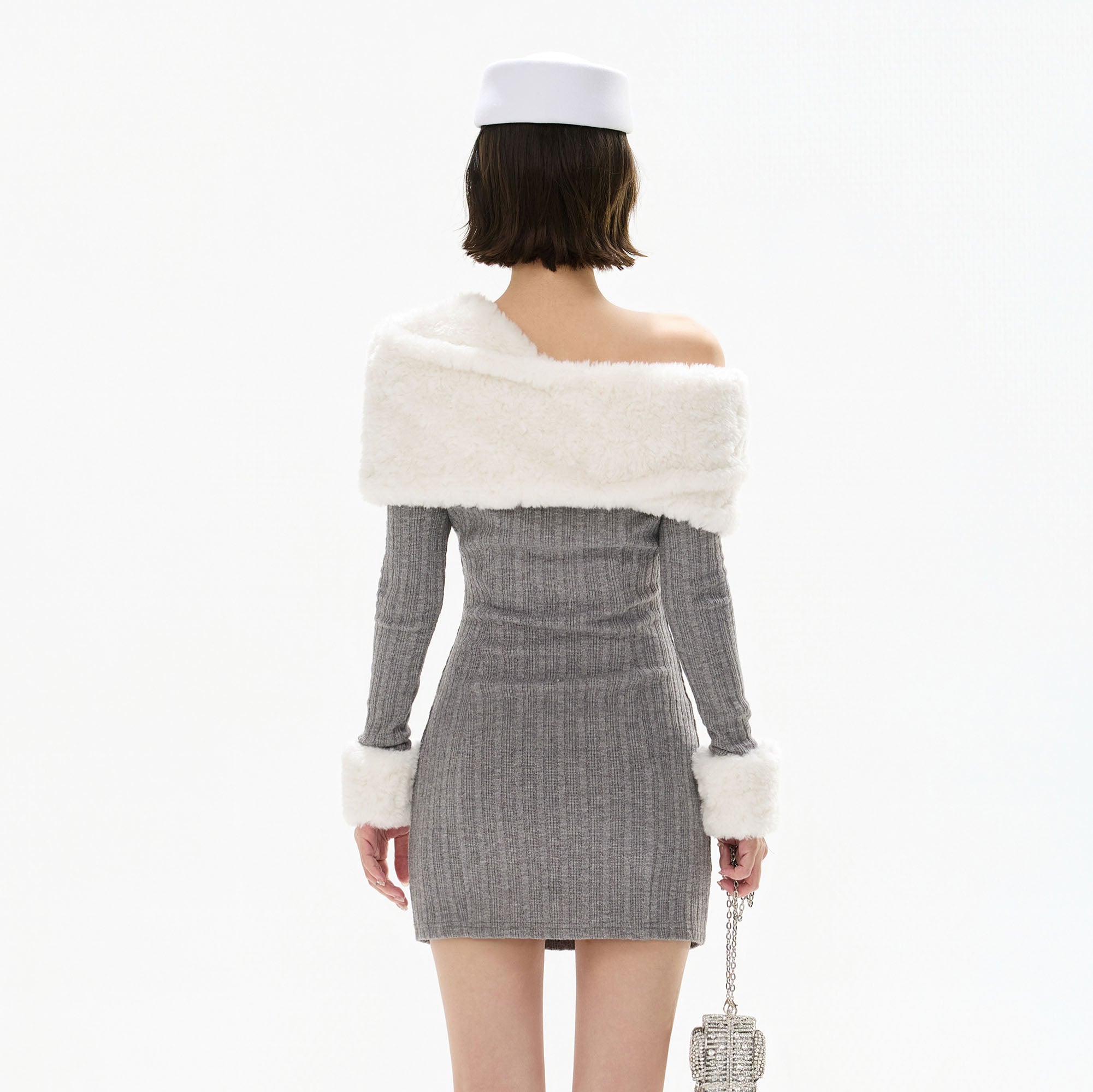 CYGNENOYR Foldover Fleece Collar Ribbed Mini Dress