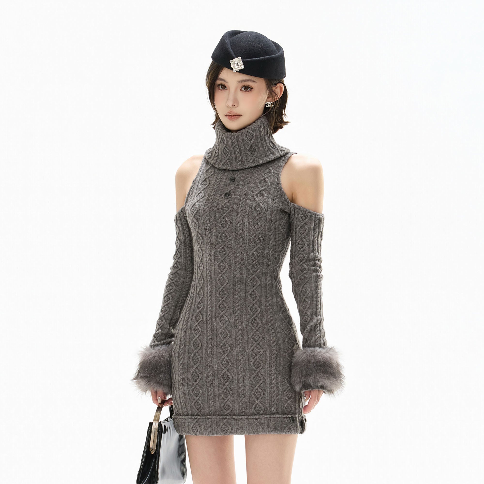 CYGNENOYR Cold-Shoulder Cable Knit Mini Dress
