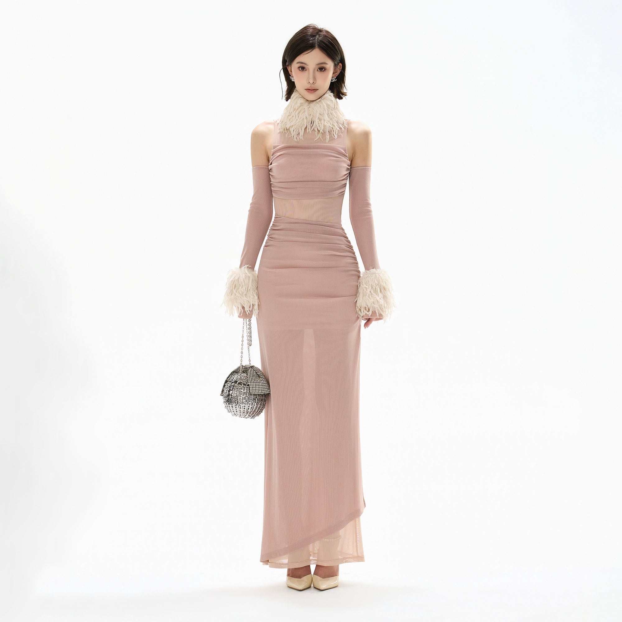 CYGNENOYR Sheer Mesh Ruched Cutout Maxi Dress