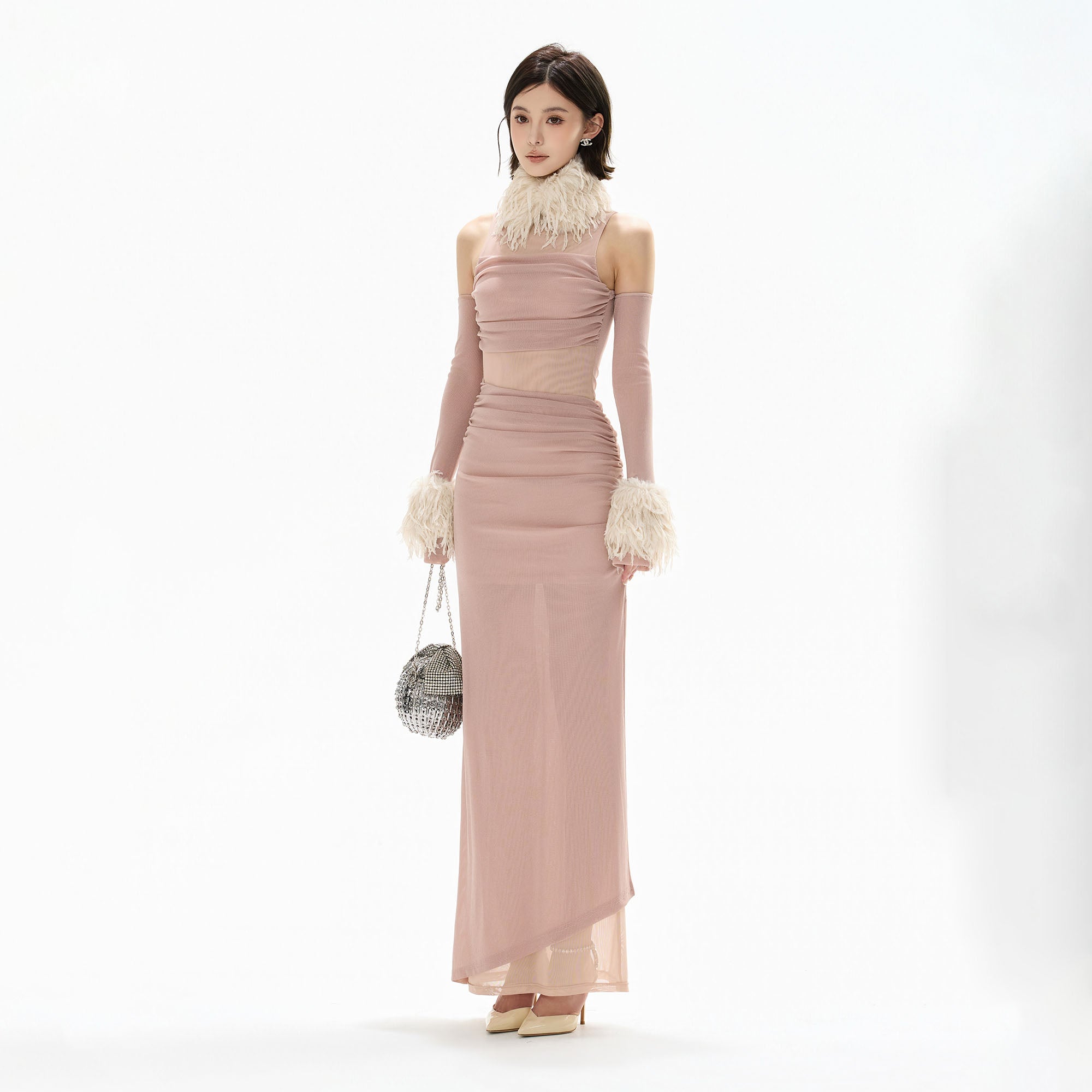 CYGNENOYR Sheer Mesh Ruched Cutout Maxi Dress