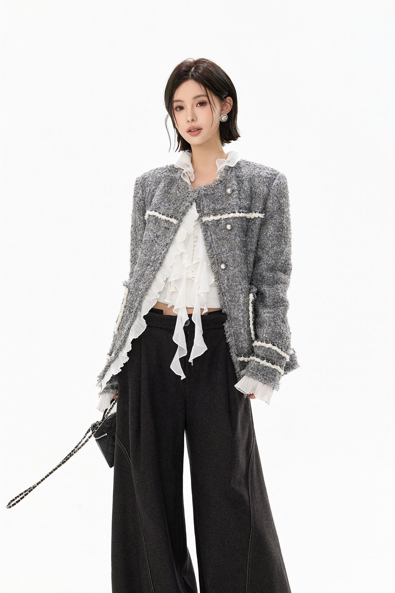 CYGNENOYR Boucle Ruffle-Placket Pearl-Button Jacket