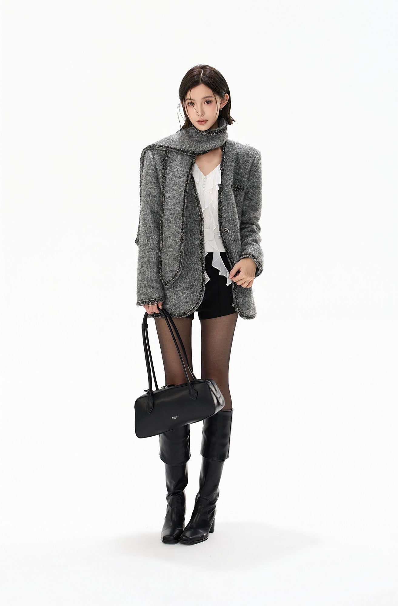 CYGNENOYR Scarf-Neck Metallic Bouclé-Trim Jacket