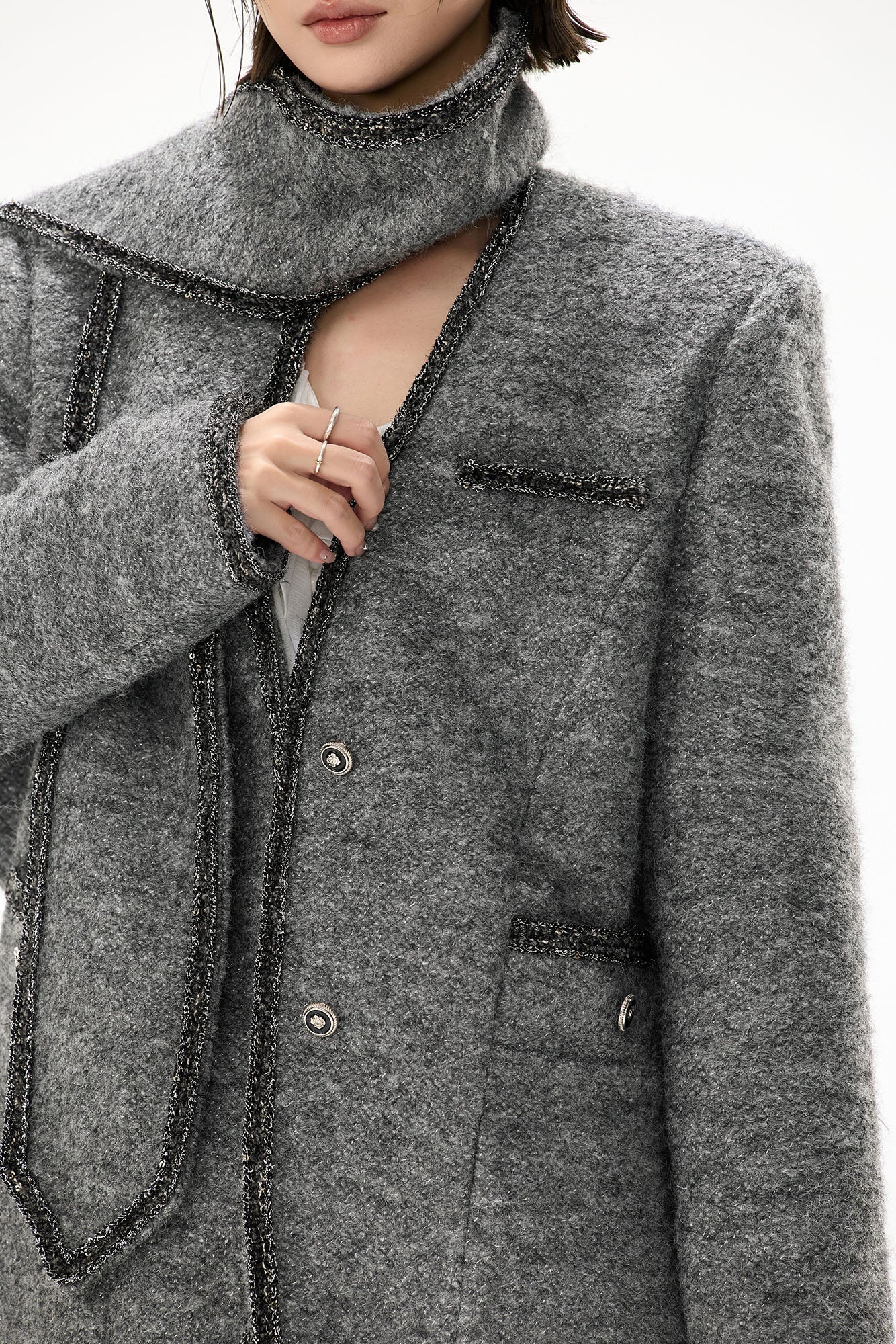 CYGNENOYR Scarf-Neck Metallic Bouclé-Trim Jacket