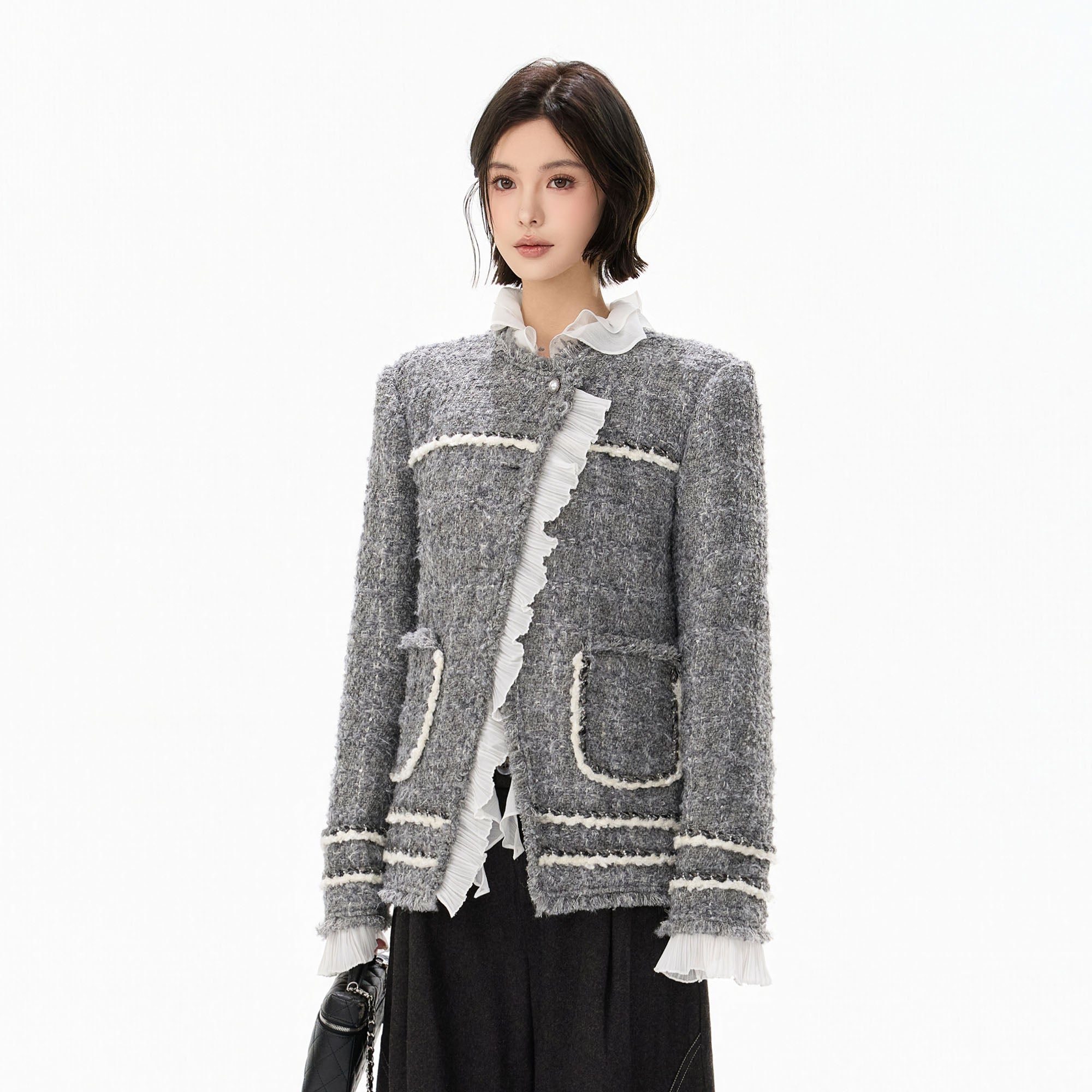 CYGNENOYR Boucle Ruffle-Placket Pearl-Button Jacket