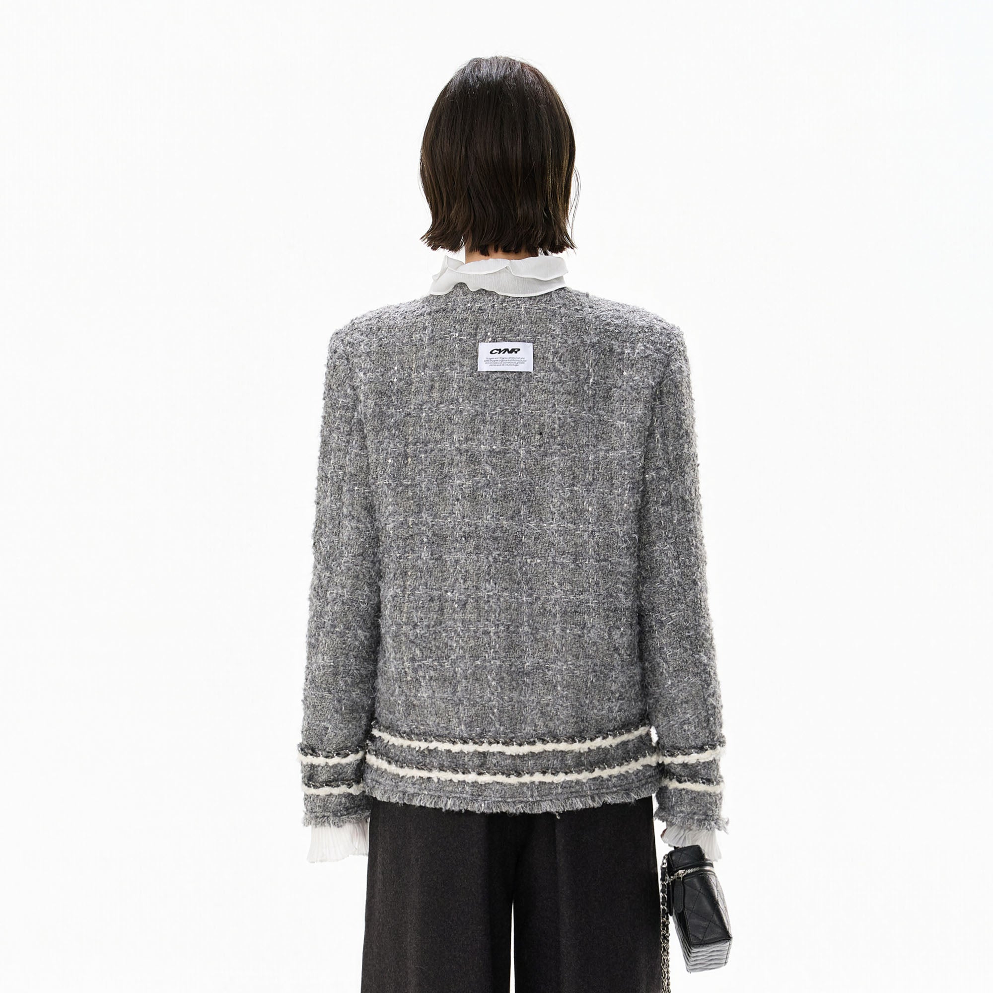 CYGNENOYR Boucle Ruffle-Placket Pearl-Button Jacket