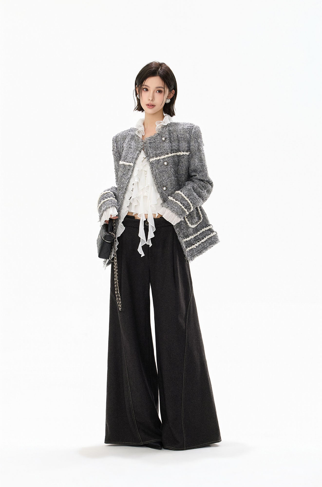 CYGNENOYR Boucle Ruffle-Placket Pearl-Button Jacket