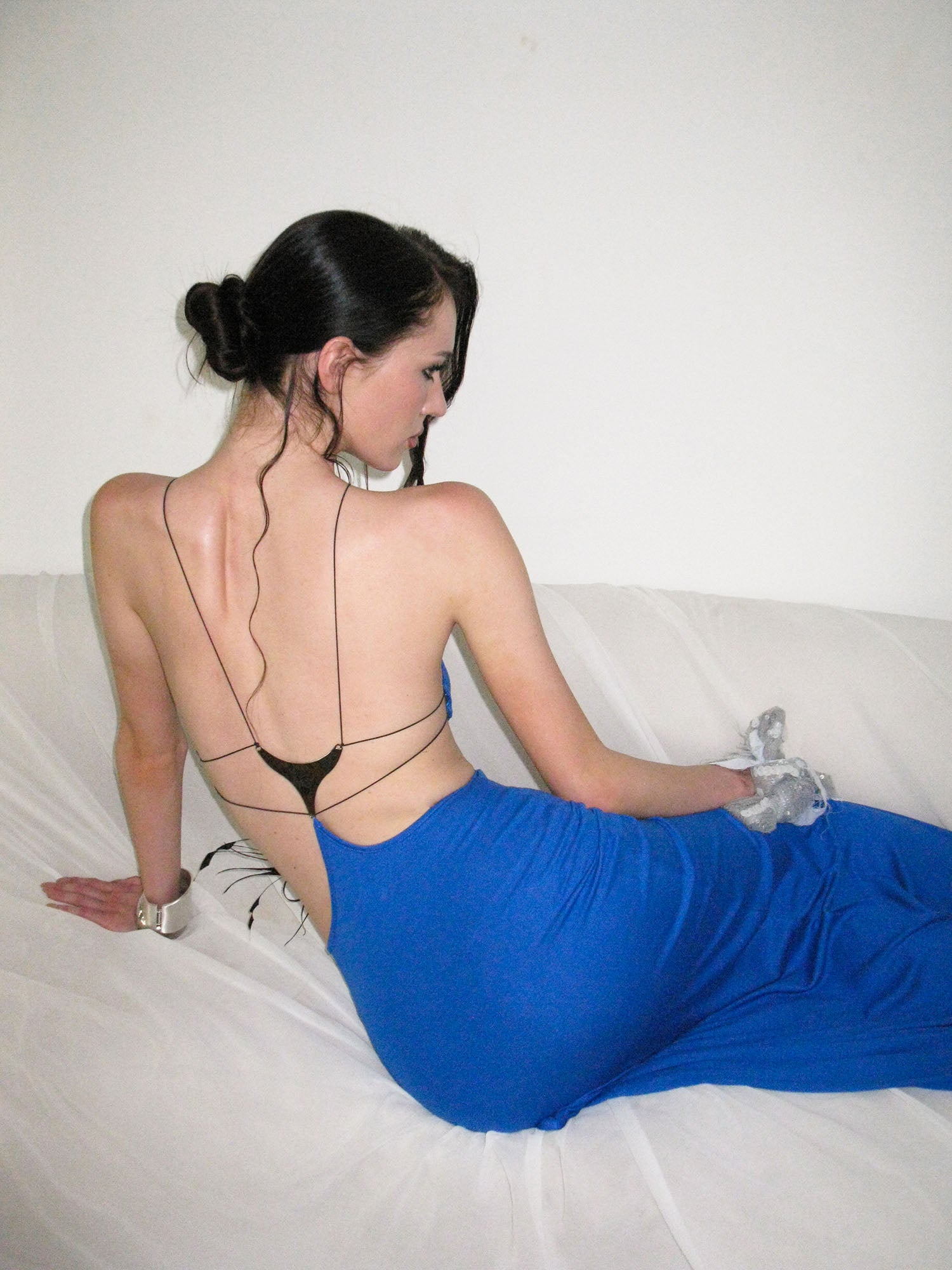 NEVER OFFEND L ANGEL Crossback Halter Slit Maxi Dress Blue