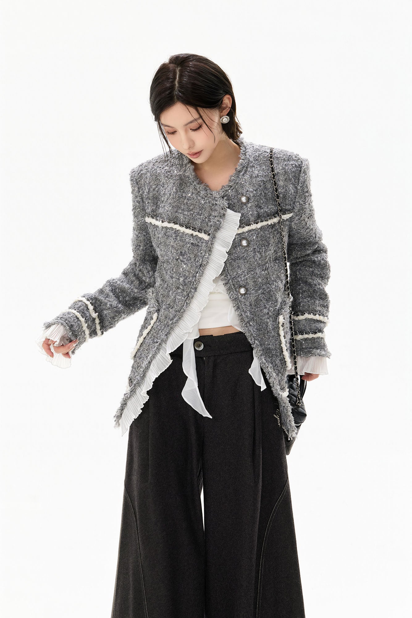 CYGNENOYR Boucle Ruffle-Placket Pearl-Button Jacket