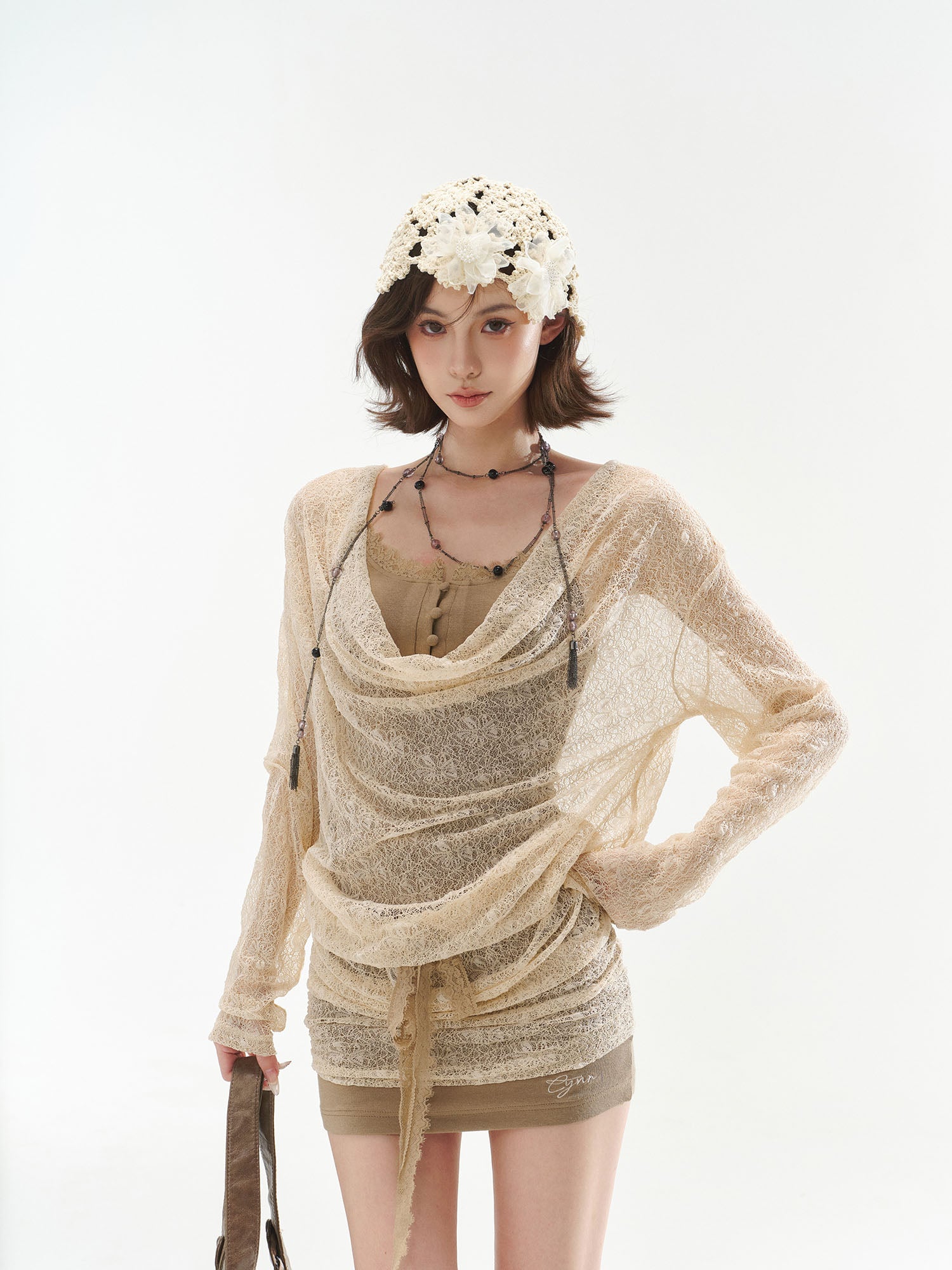 CYNR Draped Open-Knit Ruched Mini Dress