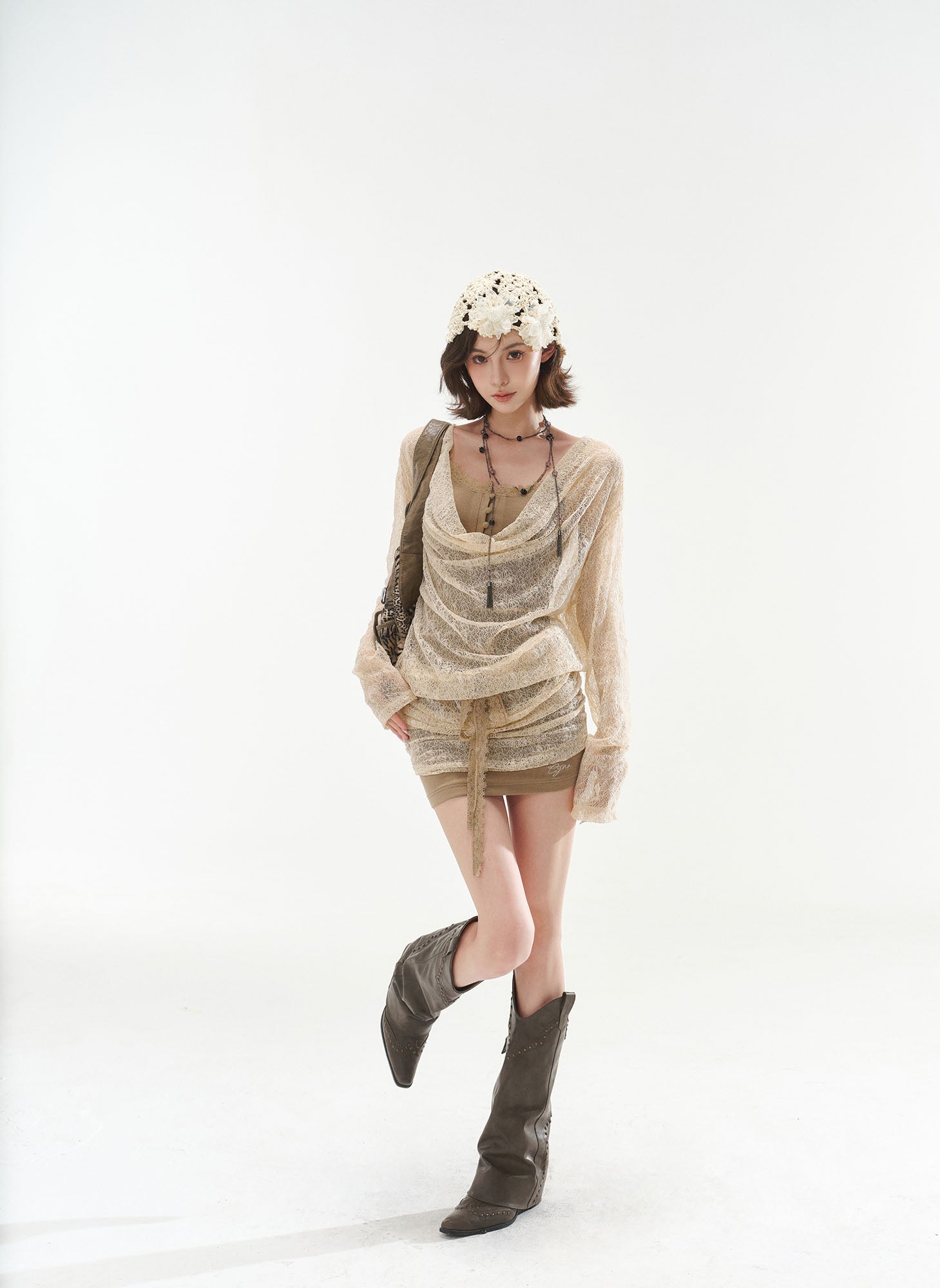 CYNR Draped Open-Knit Ruched Mini Dress