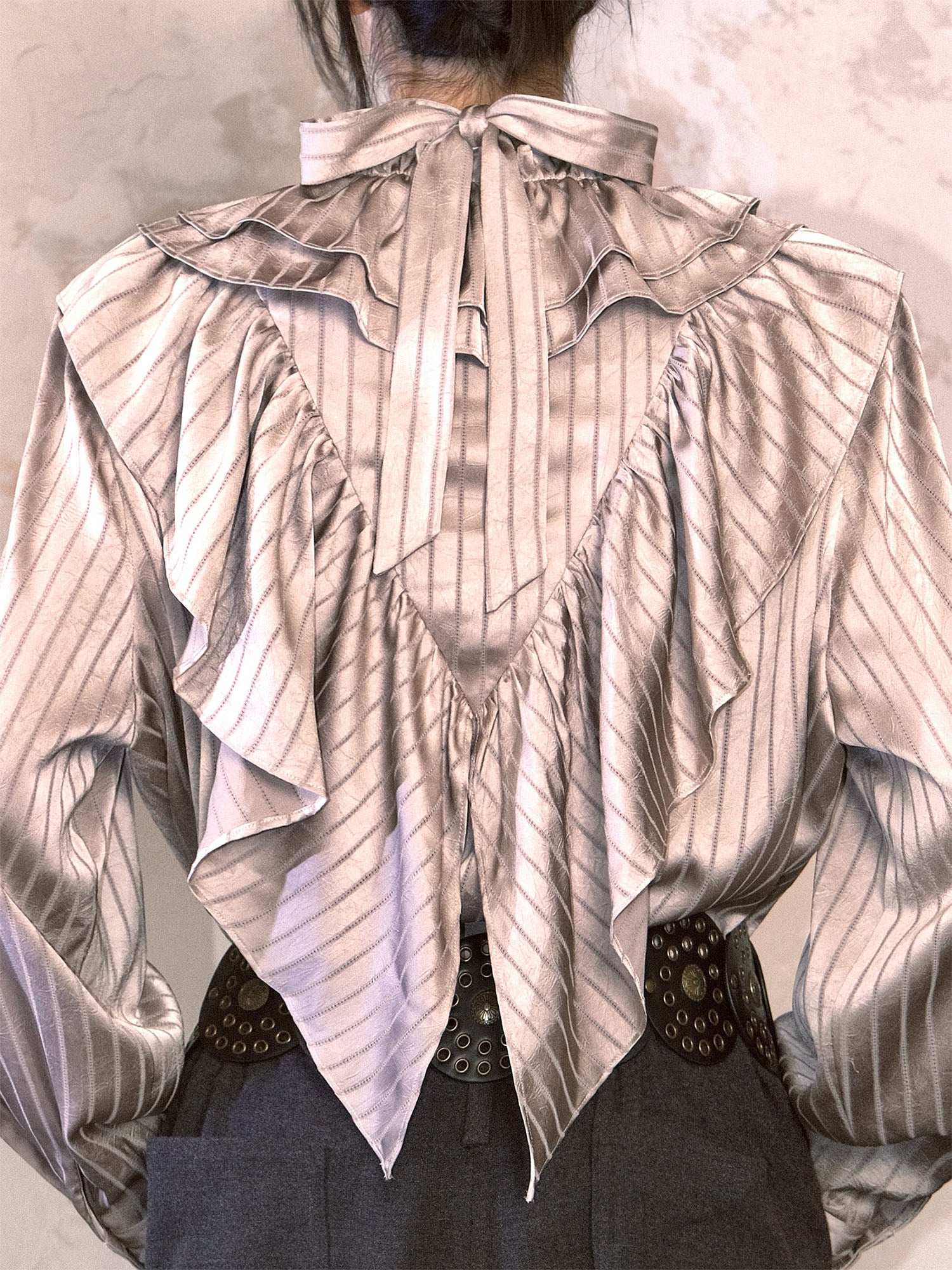 WHYNOTDANCE Ruffled Striped Detachable Shoulder Pads Blouse