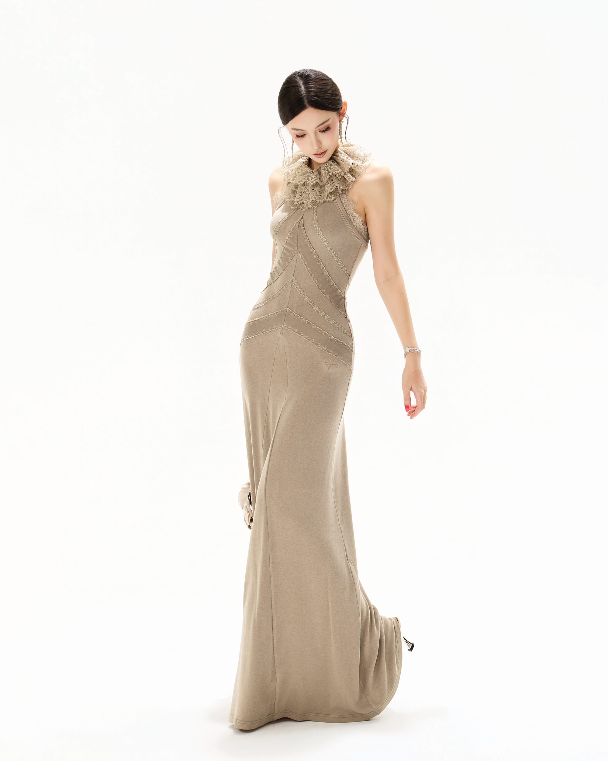 CYNR Lace-Trim Ruffle Halter Dress