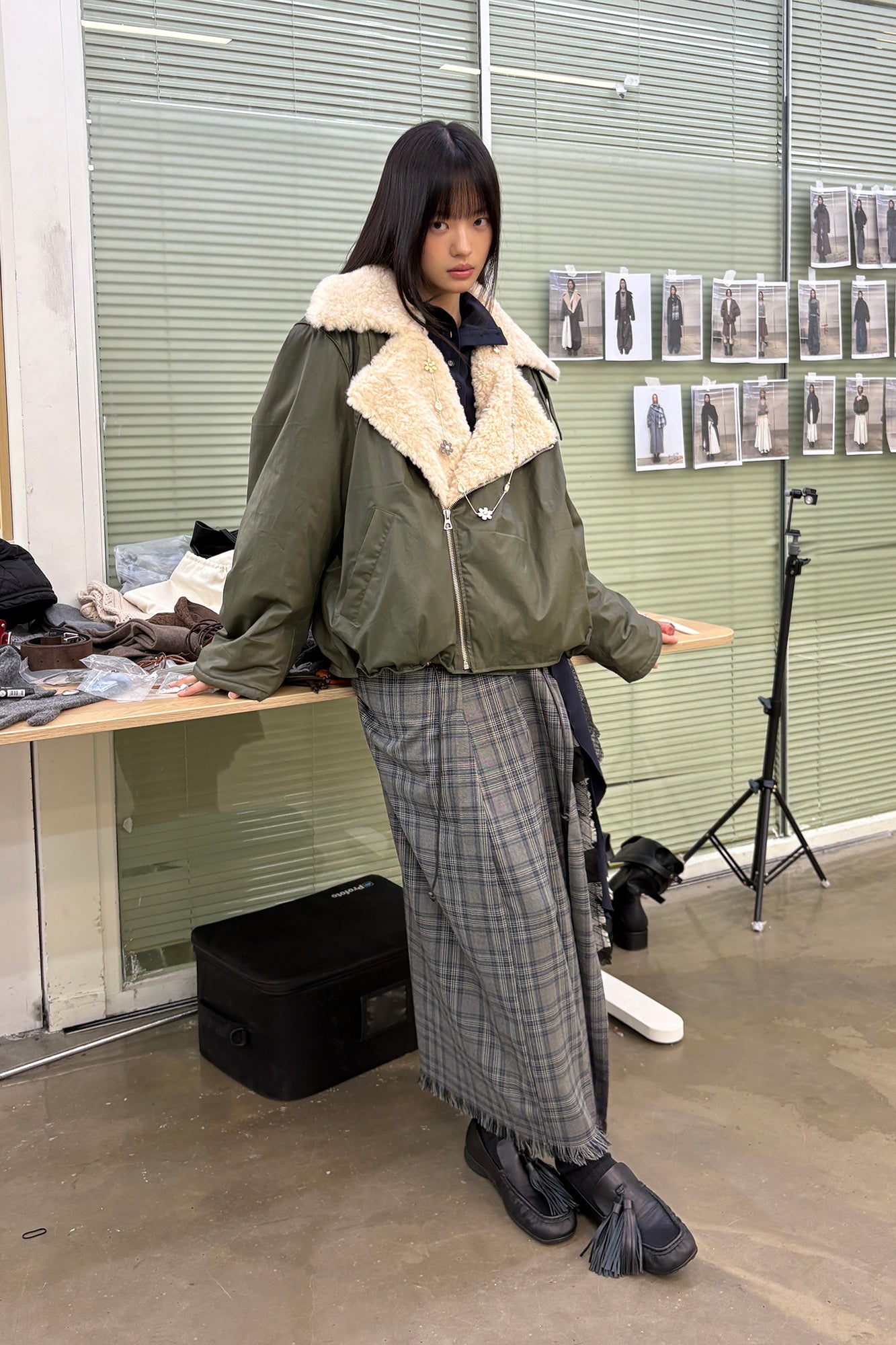 NEVERSEEZ Asymmetric Zip Shearling Bomber Jacket