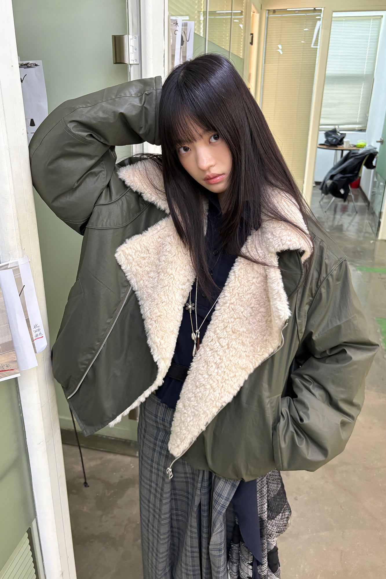 NEVERSEEZ Asymmetric Zip Shearling Bomber Jacket