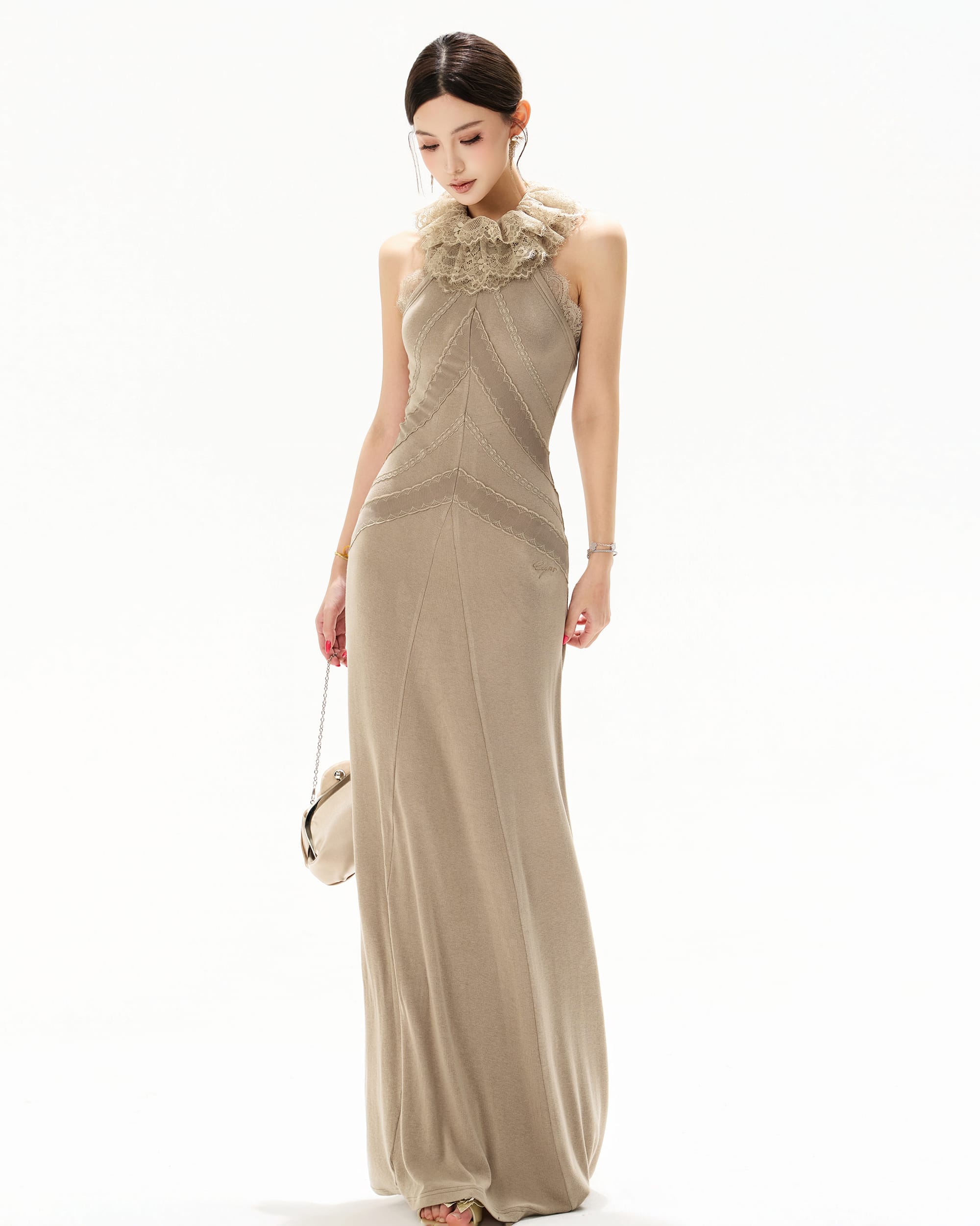 CYNR Lace-Trim Ruffle Halter Dress